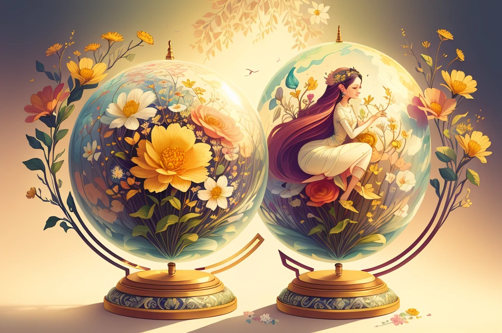 (Illustration: 1.3) Beautiful globe with flowers and plants sprouting in spring (artist Anna Dittman: 1), (((masterpiece))), (((best quality))), ((ultra-detailed)),(details light),(((extremely delicate and beautiful)),