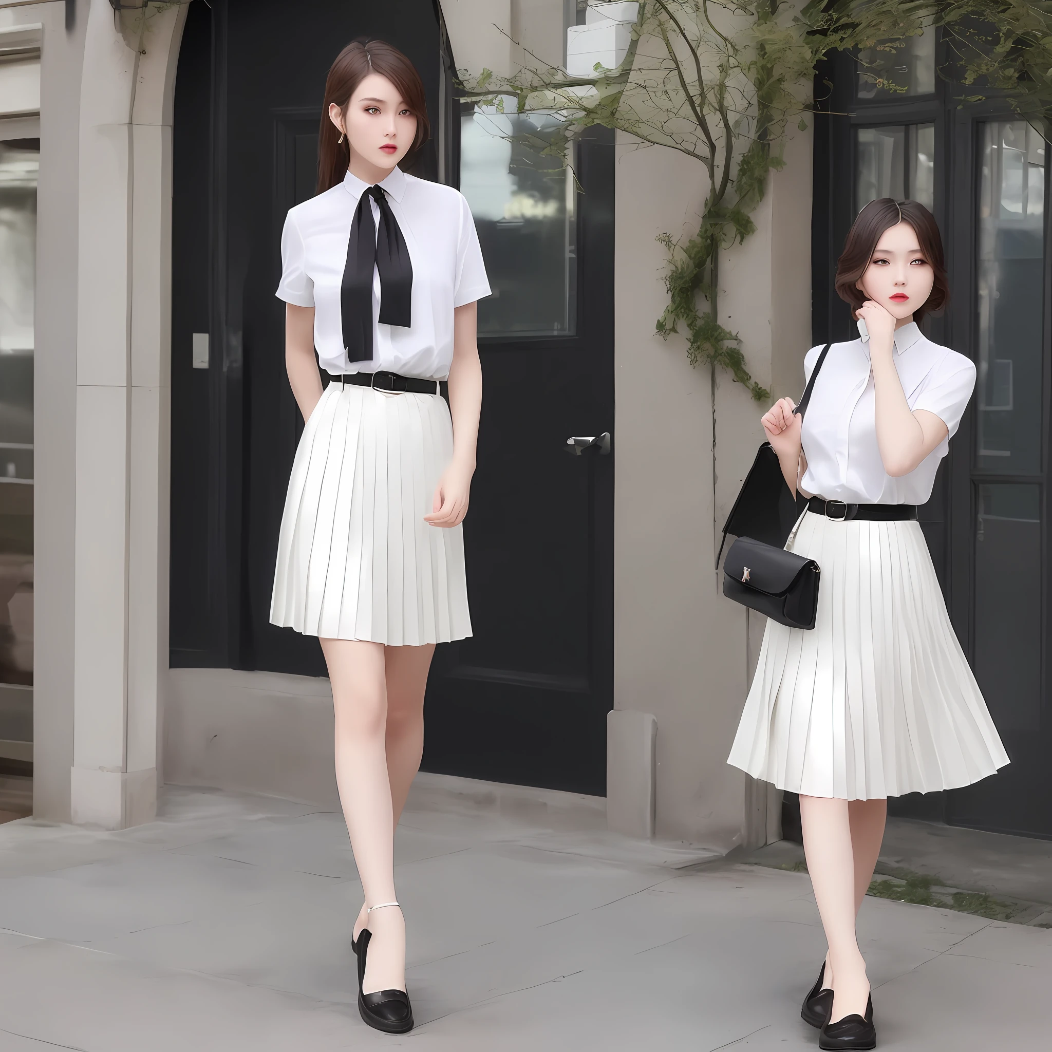 A tall, beautiful and attractive fashion female model, with a white short-sleeved shirt and pleated skirt, literary and French, the refreshing white shirt casually hangs on the pleated skirt, casual and neat, with a pair of brown loafers Elegant and retro. And use a thin black belt as an accessory to tie around the waist, which adds a sense of fashion and looks elegant and elegant.
