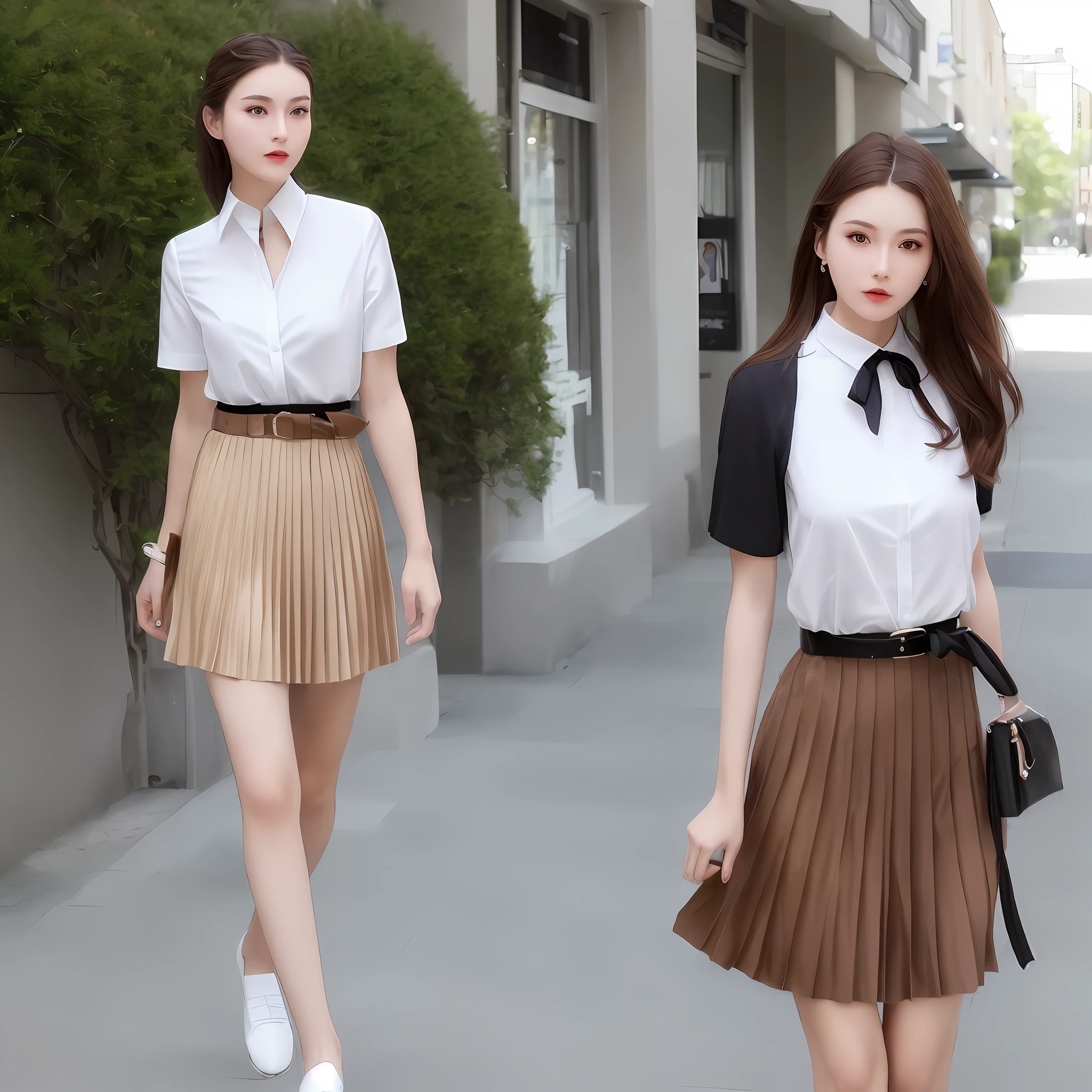 A tall, beautiful and attractive fashion female model, with a white short-sleeved shirt and pleated skirt, literary and French, the refreshing white shirt casually hangs on the pleated skirt, casual and neat, with a pair of brown loafers Elegant and retro. And use a thin black belt as an accessory to tie around the waist, which adds a sense of fashion and looks elegant and elegant.
