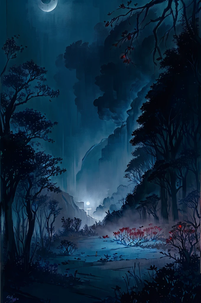 (((night, darkness, nocturnal, dark))), no humans, no sky, nature, scenery, tree, tall trees, tree branches, forest, night, outdoors, flower, petals, plant, cross, ((blue fog, fog, atmospheric effect)), roses, pink roses, glowing, ((glowing roses)), creepy atmosphere