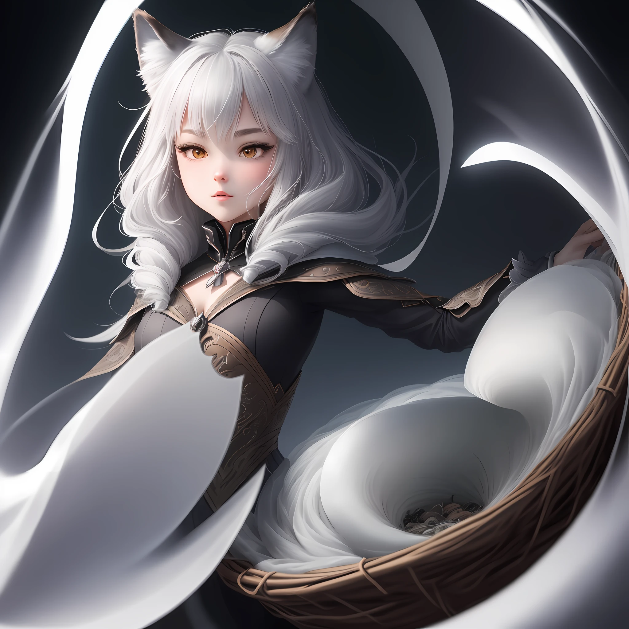 The best picture quality, the enhanced version of the unique &quot;Illustration style&quot;, full color rendering effect, the beauty of details is perfectly presented, the expression of the wolf is perfectly reproduced, zero space seamless interface, slender and smooth lines, mysterious dark background, so that Heart-pounding vibe. (1 animated wolf): 0.8; (Nest-covered shape): 0.65.