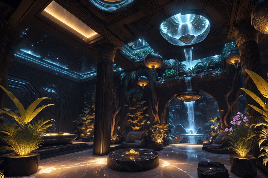 incredible black luxurious futuristic interior in Ancient Egyptian style with many (((lush plants, gorgeous flowers))) (lotus flowers), ((palm trees)), rocky walls, ((sand)), ((waterfalls)) (marble), ((precious minerals)), ((metals)), (gemstones), crystals, clouds and (water), crocodiles, (hieroglyphics), (((ultra luxury))), (black marble) – with ((beautiful lights)), Unreal Engine, HQ, 16k