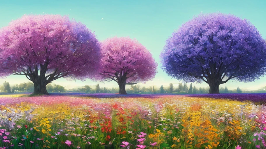 puppy shiba inu, vibrant wildflower field, towering tree, surreal landscape, (Masterpiece:1.2), (vivid colors), (dreamlike atmosphere), detailed illustration, advanced perspective, perfect harmony, joyous summer day, square image lora:fantasyNatureStyle_offset:0.6 lora:watercolorEffect_offset:0.8 lora:impressionistStyle_offset:0.4]