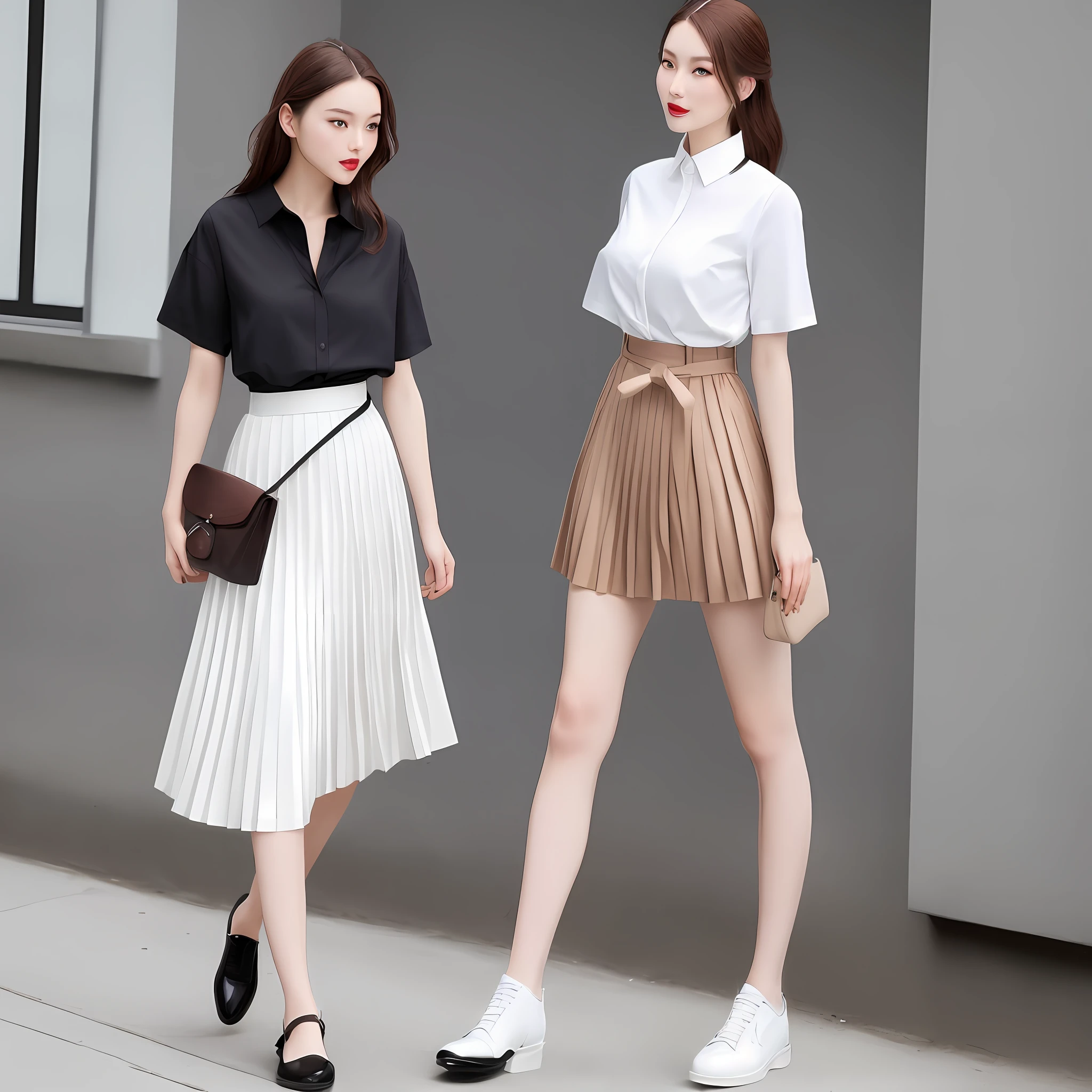 A tall, beautiful and attractive fashion female model, a full-body photo, a white short-sleeved shirt and a pleated skirt, literary and French, a refreshing white shirt casually hanging on the pleated skirt, casual and neat, with a pair of brown music Fu shoes are elegant and retro. And use a thin black belt as an accessory to tie around the waist, which adds a sense of fashion and looks elegant and elegant.