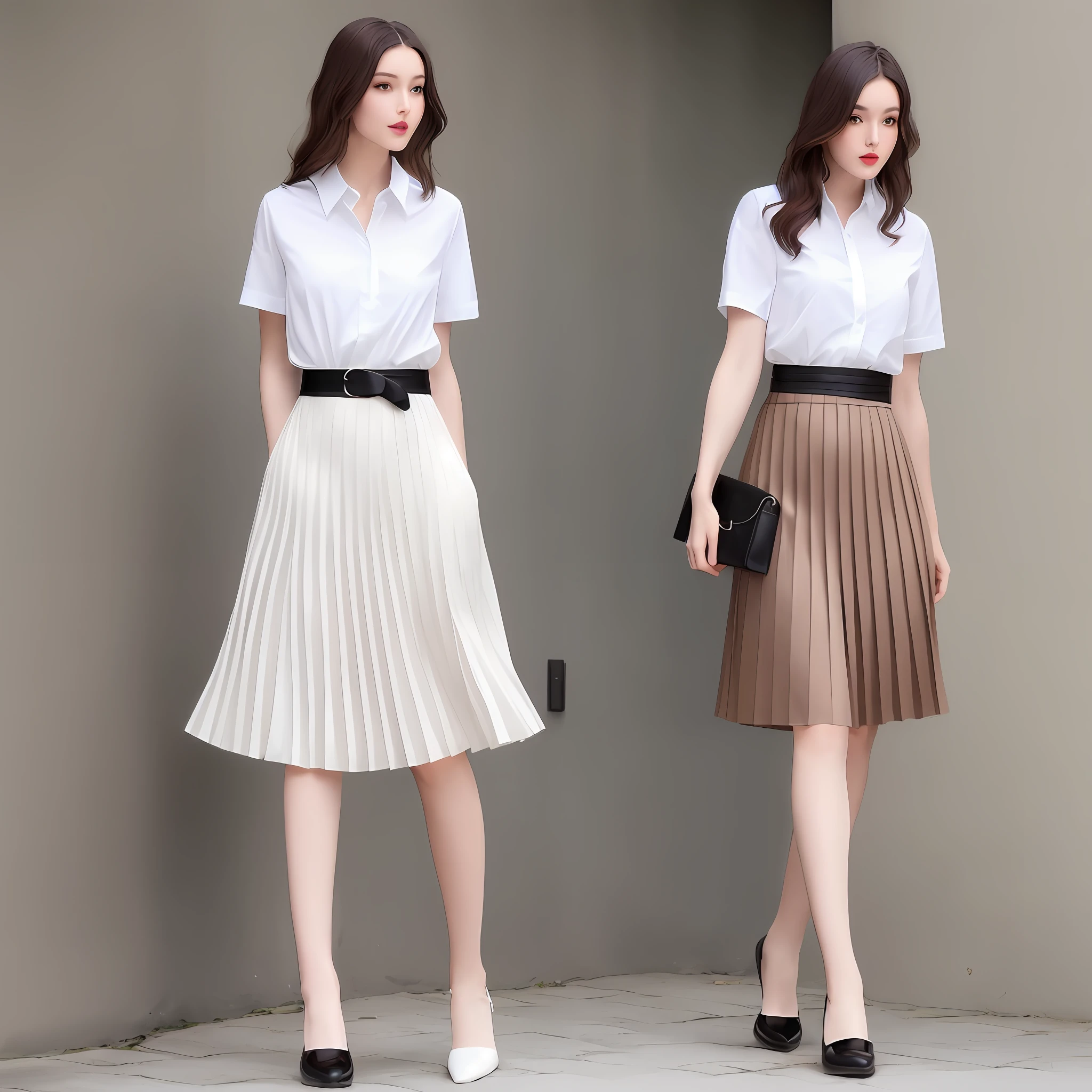A tall, beautiful and attractive fashion female model, a full-body photo, a white short-sleeved shirt and a pleated skirt, literary and French, a refreshing white shirt casually hanging on the pleated skirt, casual and neat, with a pair of brown music Fu shoes are elegant and retro. And use a thin black belt as an accessory to tie around the waist, which adds a sense of fashion and looks elegant and elegant.