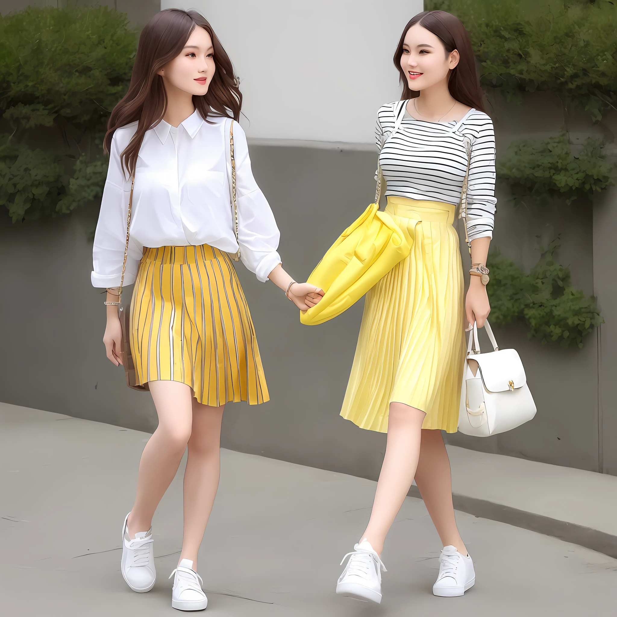 A tall, beautiful and attractive fashion female model, a full-body photo, a yellow and white striped shirt with a yellow pleated skirt, worn in the same color, casual and age-reducing, all the striped shirt is stuffed into the skirt, the waistline is raised, and the waistline is shown. Thin and fashionable, with a pair of white canvas shoes on the feet, it adds a bright feeling to the outfit. The off-white canvas bag is used as an accessory, which is age-reducing and playful. This outfit looks youthful.