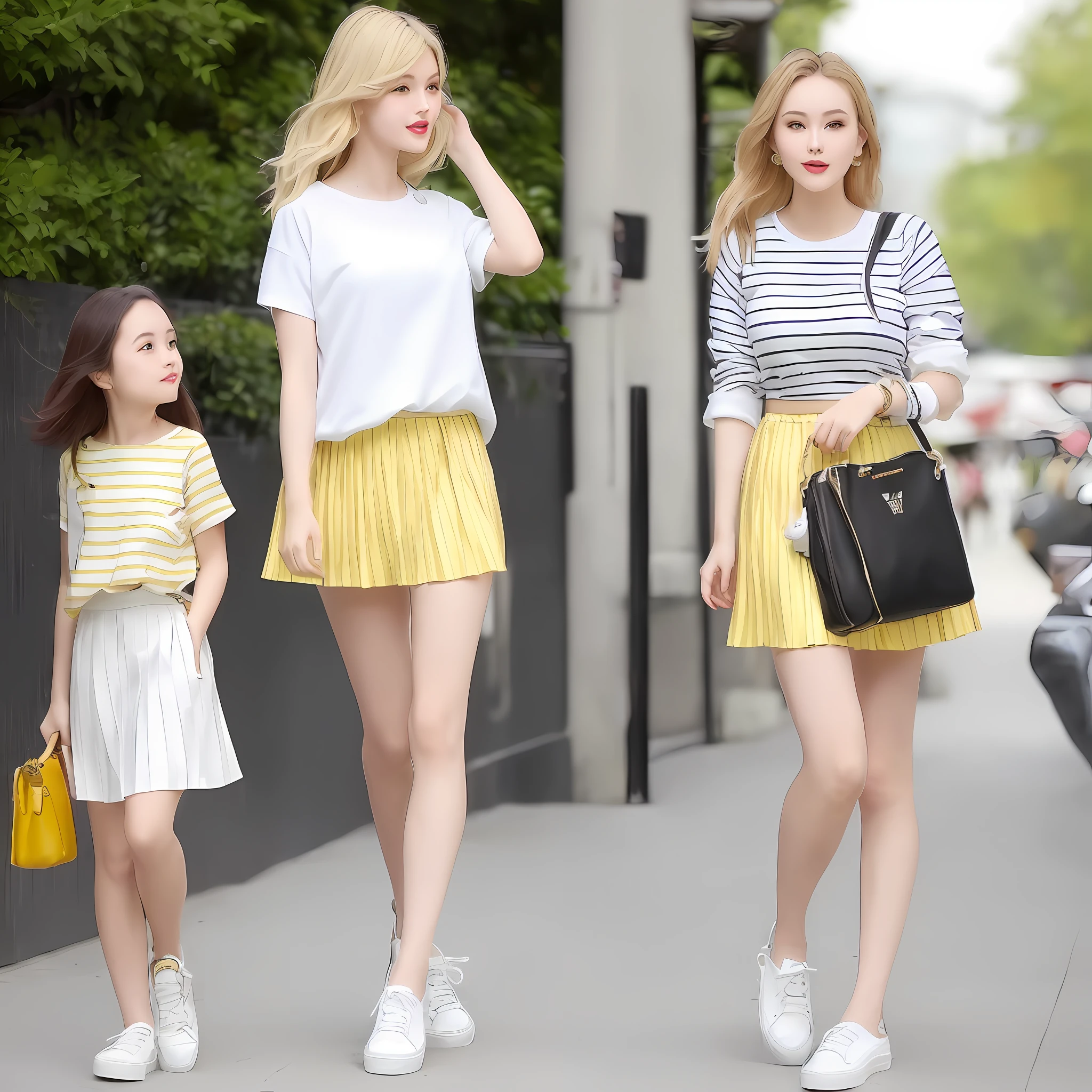 A tall, beautiful and attractive fashion female model, a full-body photo, a yellow and white striped shirt with a yellow pleated skirt, worn in the same color, casual and age-reducing, all the striped shirt is stuffed into the skirt, the waistline is raised, and the waistline is shown. Thin and fashionable, with a pair of white canvas shoes on the feet, it adds a bright feeling to the outfit. The off-white canvas bag is used as an accessory, which is age-reducing and playful. This outfit looks youthful.