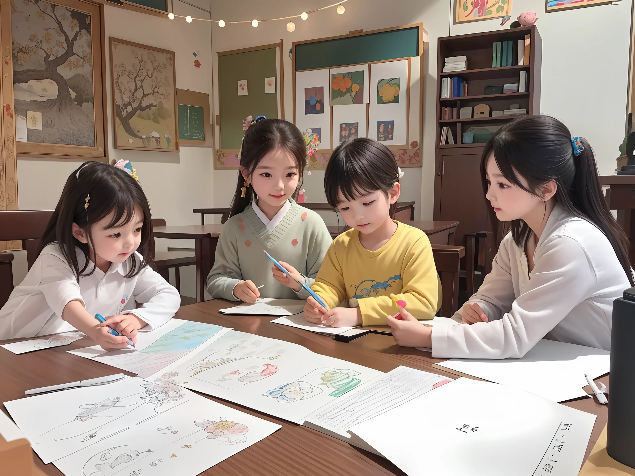 several children are sitting at a table with papers and pens, children, kid, children drawing, handsome, kids, photo taken in 2 0 2 0, intricate masterpiece, jinyiwei, study, kids drawing, by Liao Chi-chun, photo taken in 2018, family, by Ni Yuanlu, school class, a picture, at home