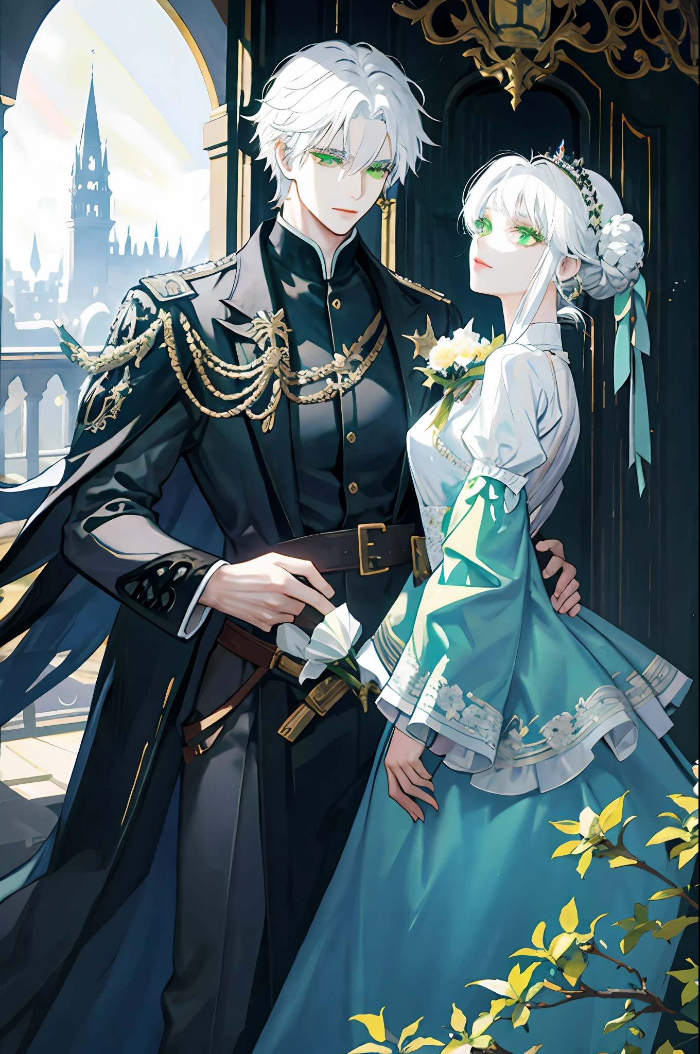 Black-haired man giving flowers to a white-haired woman, Royalty, Nobility, Princess, Elegant, Fantasy, Castle, High Quality, Highly Detailed, Detailed Face, Green Eyes