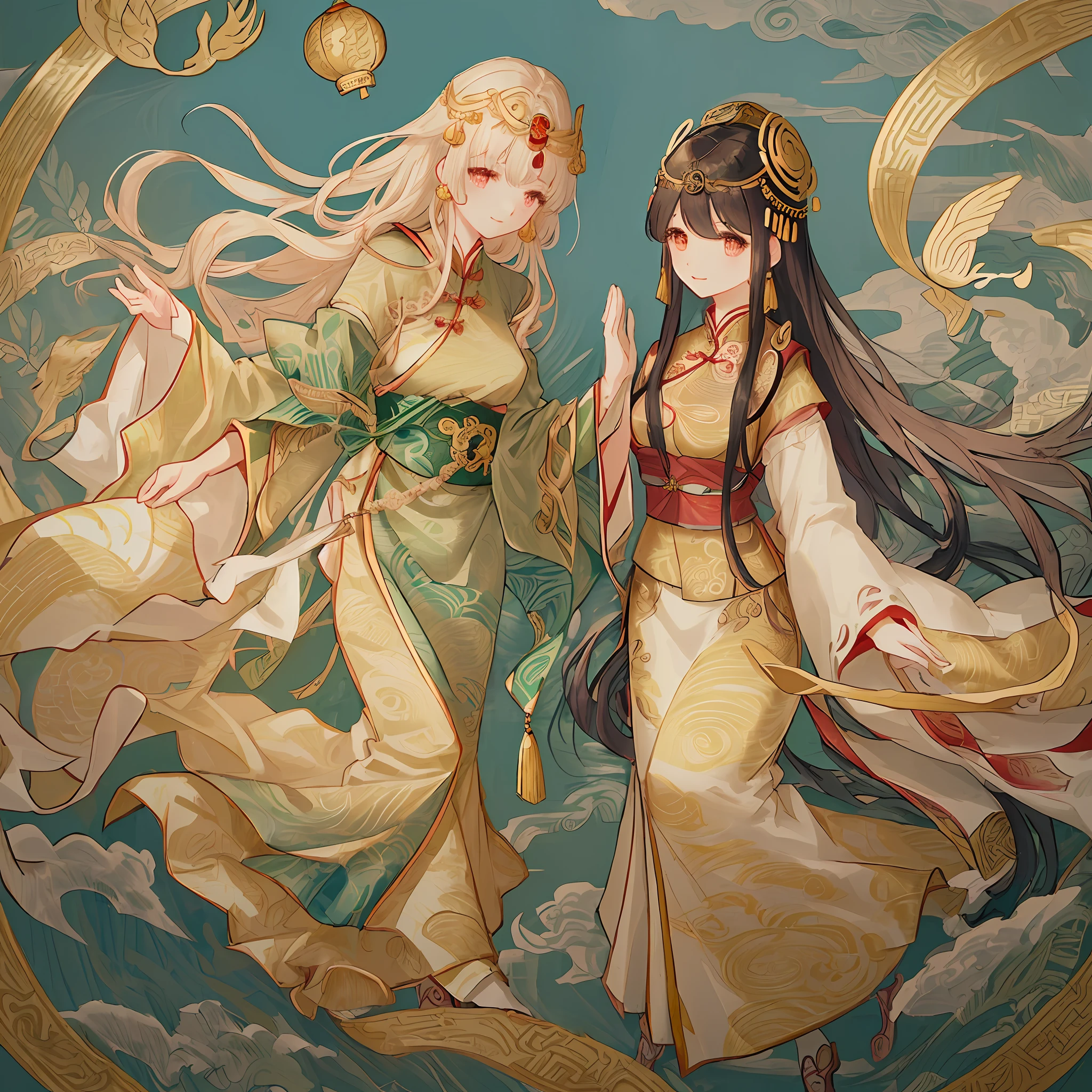 Gu Kaizhi & Zhang Xuan's ancient beauties, gorgeous and exquisite ancient Chinese costumes, shy faces, willow-leaf eyebrows and curly hair, background of gold foil and flowing clouds, surrounded by cranes, women in ink paintings, gentle eyes, exquisite clothing patterns and colors, realistic Style and soft shadows, clean and sharp focus, panoramas and 32K resolution.