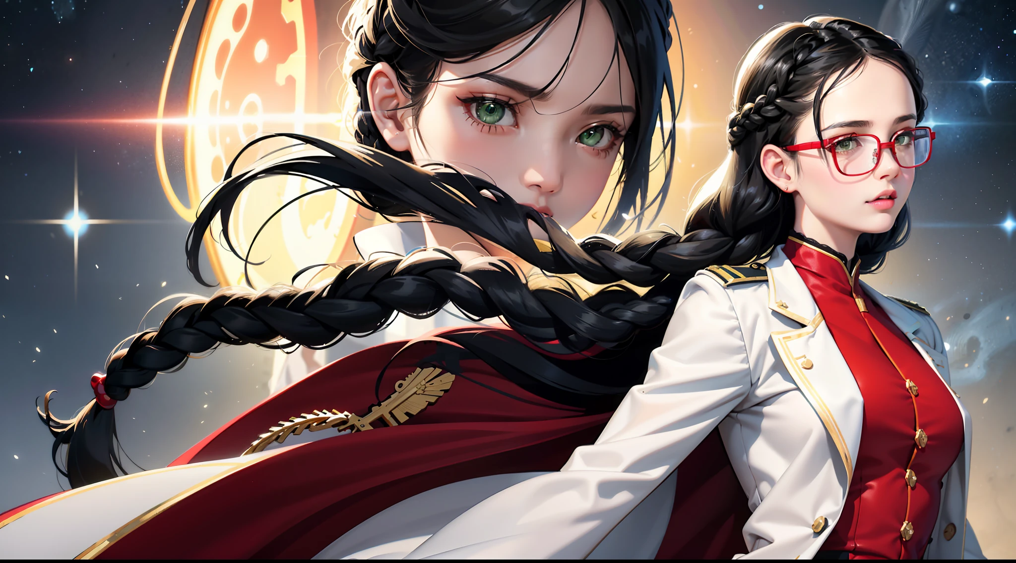 highest resolution,semi-realistic,realistic detail,feminine,small size,black hair,double braided hairstyle,round head,bangs,green eyes,red glasses,wears formal dress,uniform,dress white coat outer, red inner, dark expression, air force, war, government agency, war, science fiction, space