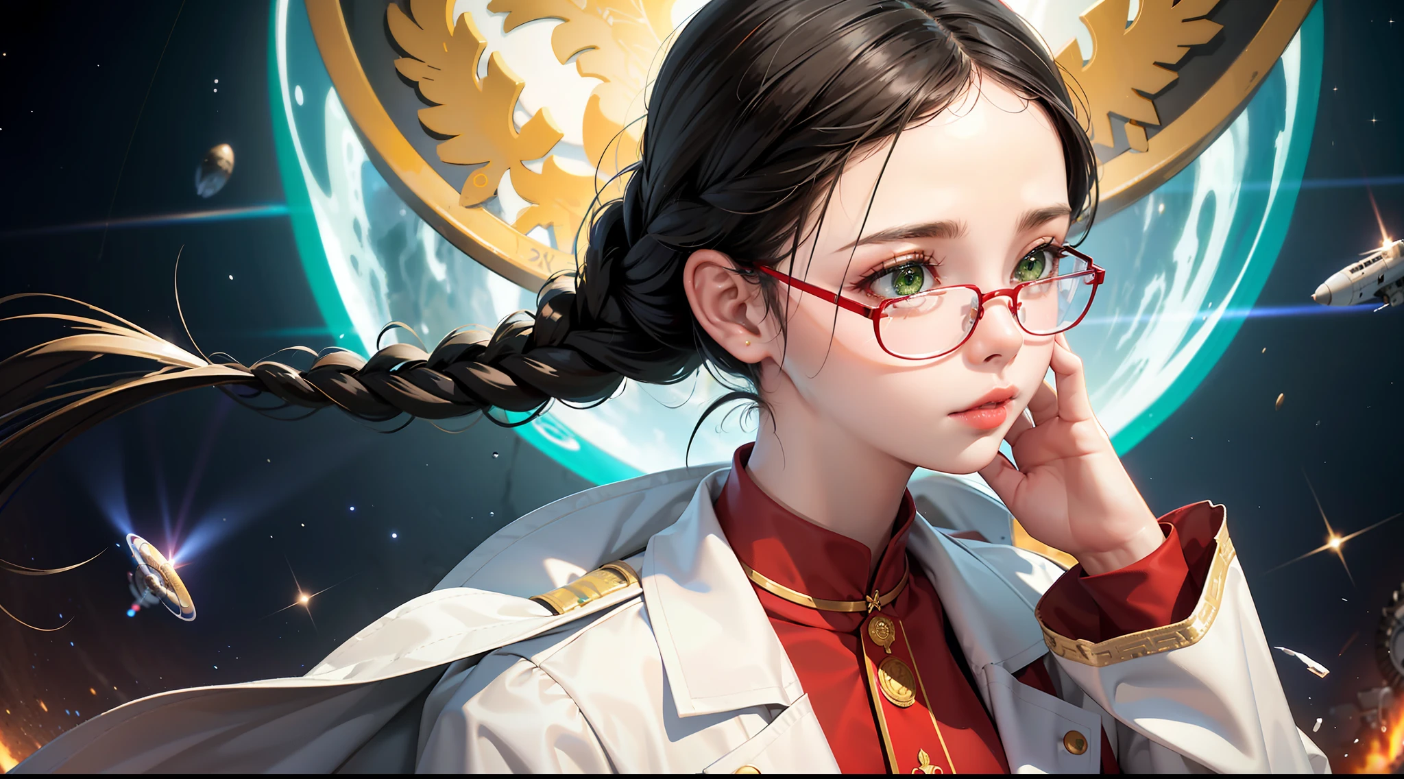highest resolution,semi-realistic,realistic detail,feminine,small size,black hair,double braided hairstyle,round head,bangs,green eyes,red glasses,wears formal dress,uniform,dress white coat outer, red inner, dark expression, air force, war, government agency, war, science fiction, space