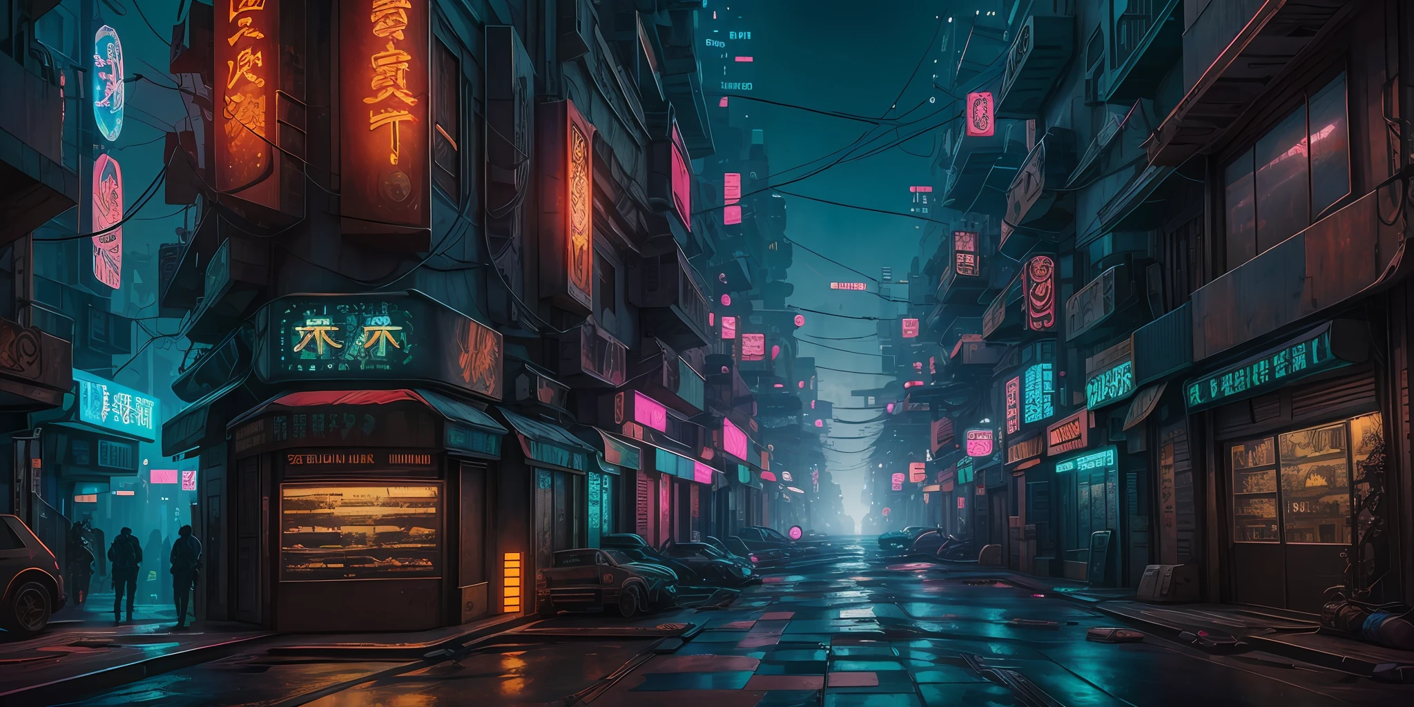 Cyberpunk city from sci-fi movie, empty street, night, chinoiserie buildings, old shop, irregular, circuit boards, wires, intricate, super detailed, realistic, hyper realistic, high quality, best, super detailed, crazy Detail, Very Detailed, Photorealistic, Epic Composition, Best Quality, 32k --v 6