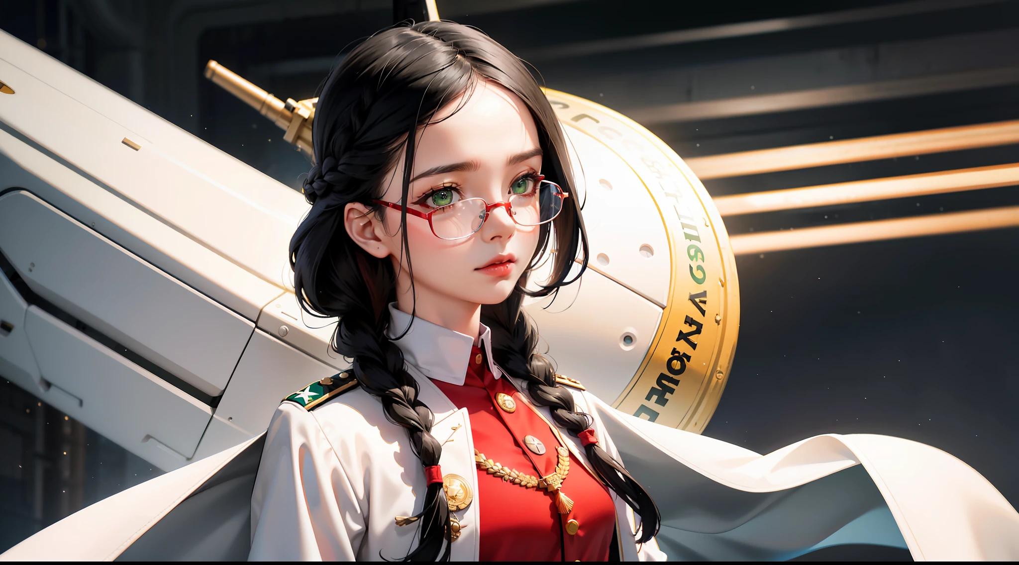 highest resolution,semi-realistic,realistic detail,feminine,small size,black hair,double braided hairstyle,round head,bangs,green eyes,red glasses,wearing formal dress,uniform, White coat outerwear, red innerwear, dark expression, air force, war, government agency, war, science fiction, space.