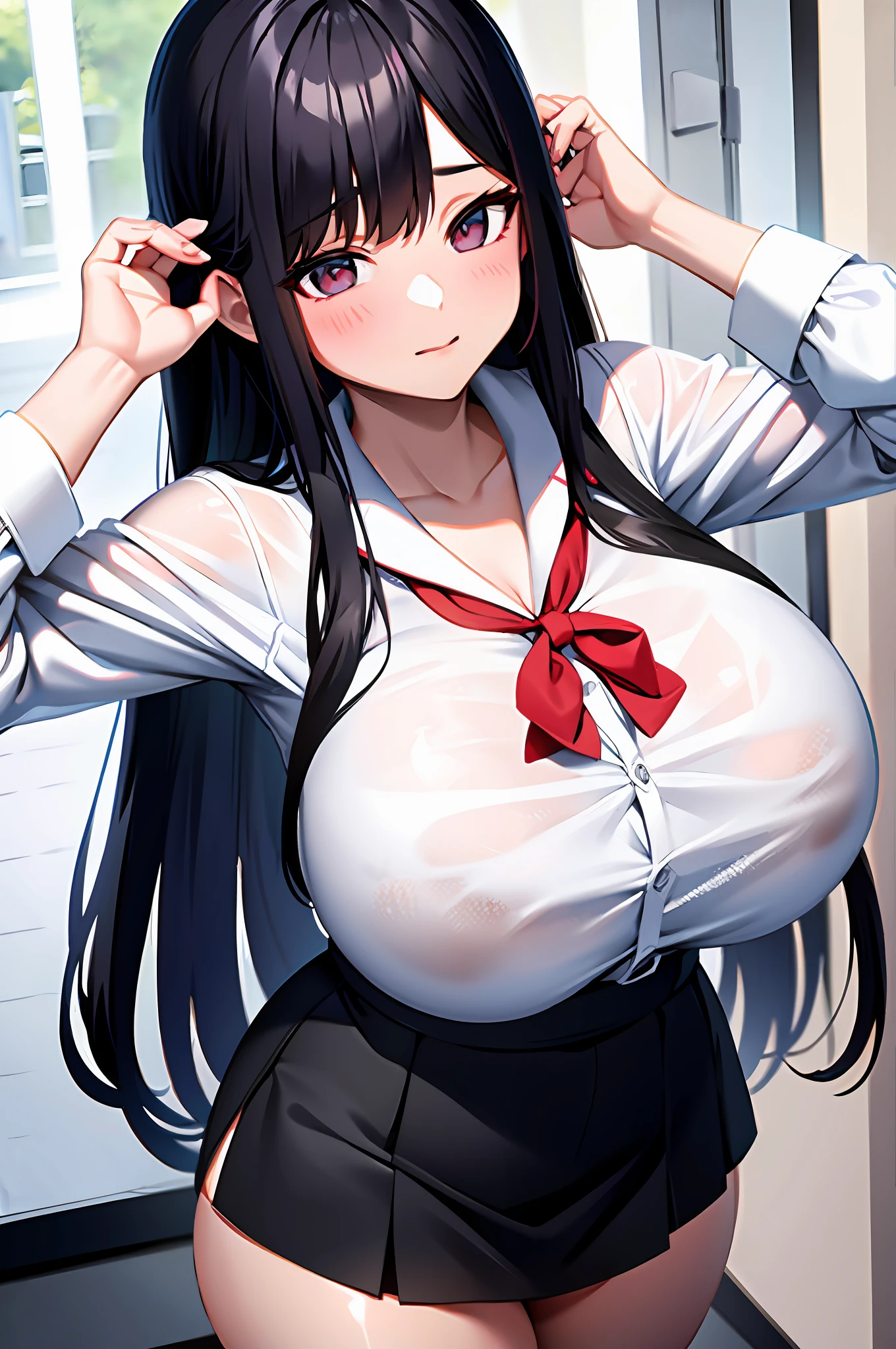 High school girl, white blouse, long untied black hair, pinched eyes, big breasts, thick thighs, white panties