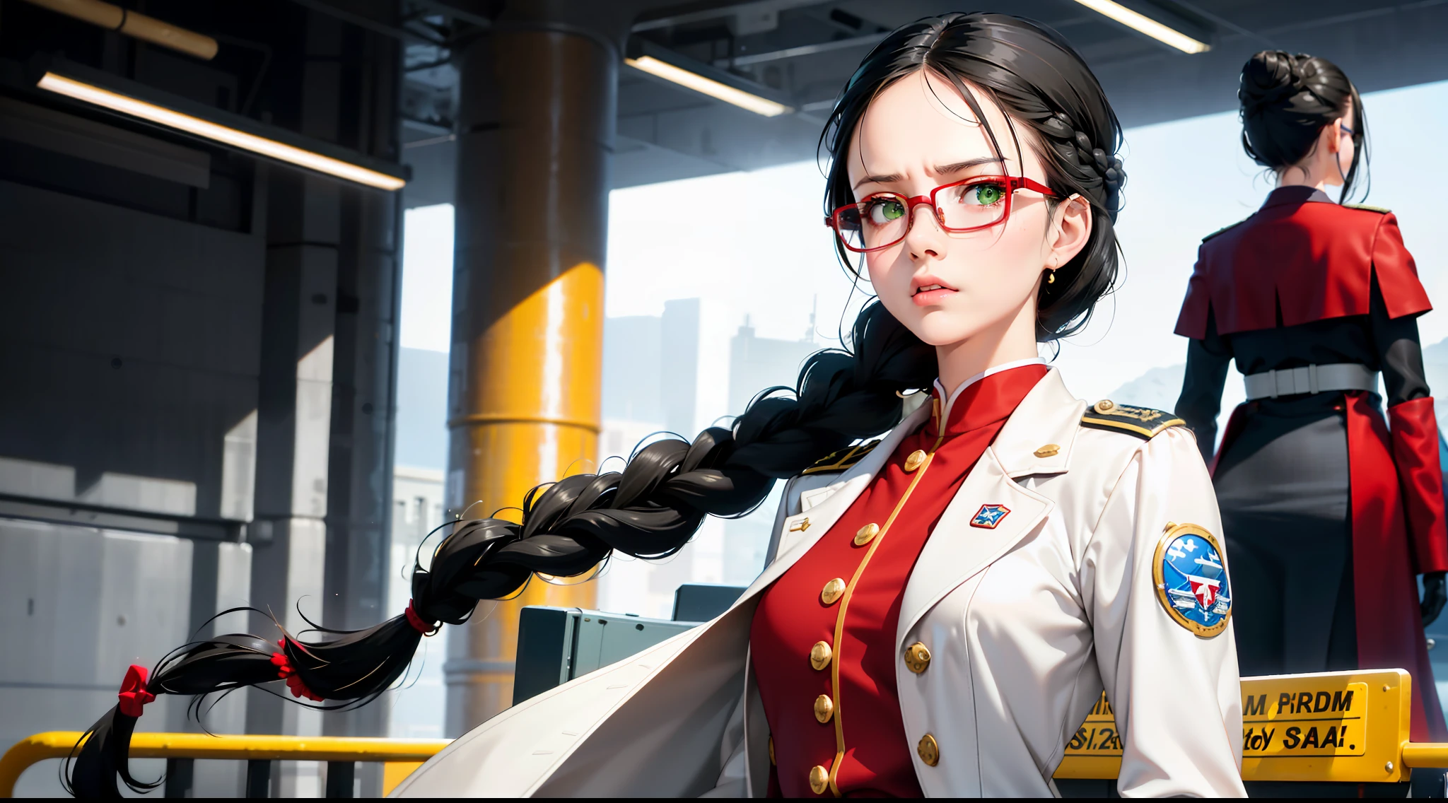 highest resolution,semi-realistic,realistic detail,feminine,small size,black hair,double braided hairstyle,round head,bangs,green eyes,red glasses,wearing formal dress,uniform, white coat outerwear, red innerwear, serious expression, angry, air force, war, government agency, war, science fiction, space