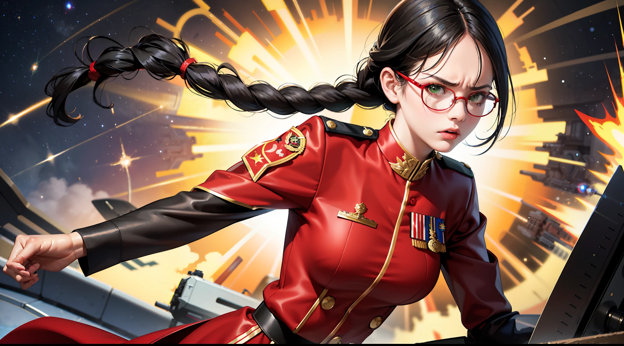 Highest resolution, semi-realistic, realistic detail, woman, petite, black hair, short double braids, bangs, green eyes, red glasses, wearing official clothes, uniform, outer gown white,red undershirt,serious expression,angry,air force,war,government,war,science fiction,space