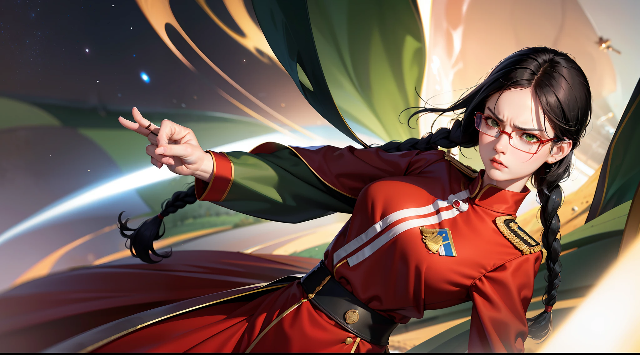 Highest resolution, semi-realistic, realistic detail, woman, petite, black hair, short double braids, bangs, green eyes, red glasses, wearing official clothes, uniform, outer gown white,red undershirt,serious expression,angry,air force,war,government,war,science fiction,space