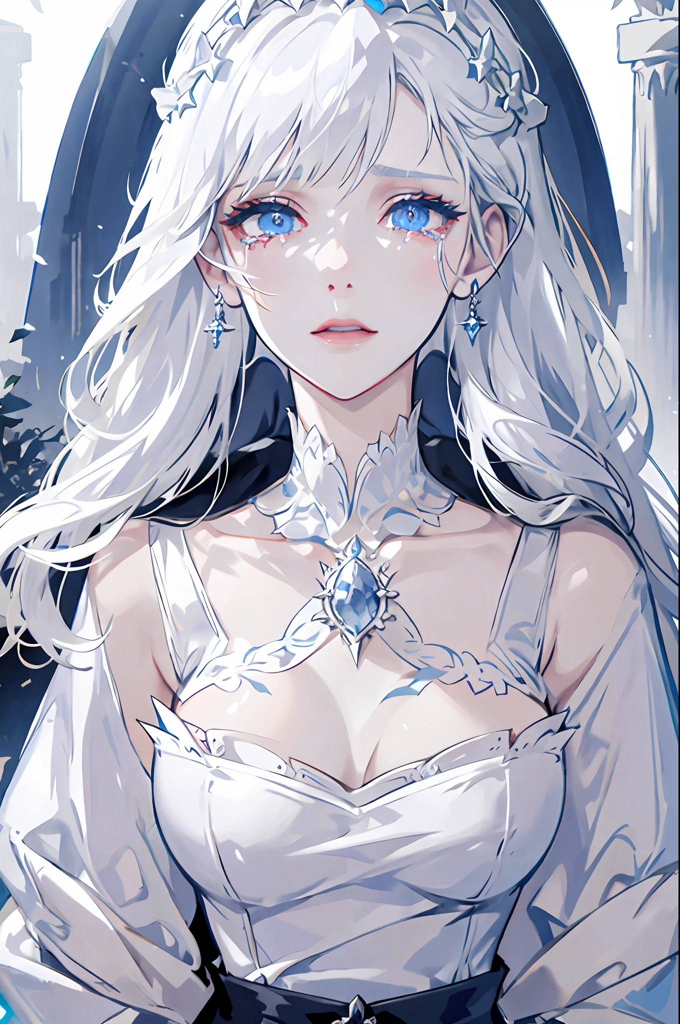 White haired woman, light blue eyes, royalty, nobility, princess, elegant, crying, grave, crying in front of a grave, tears, sobbing, beautiful woman, high quality, highly detailed, detailed face