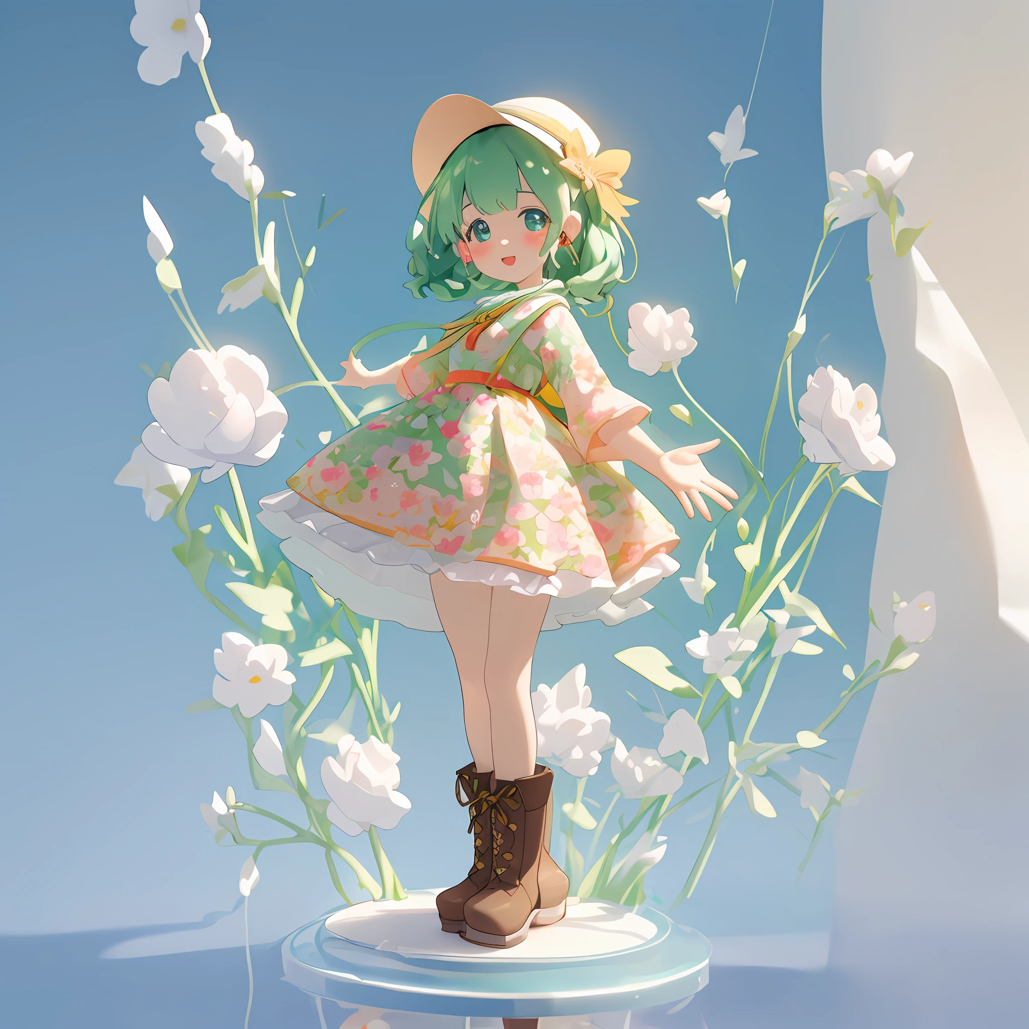 a Super cute girl ,Wearing a floral dress,Wearing boots,Wearing a hat and earphones,big watery eyes,full body,looking at viewer,open hands,MD clothing, clothing wrinkles,clean background,dreamy,excited,super cute girl IP by pop mart ,high detail ,hyper quality,Bright color,mockup blind box toy,disney style ,fine luster,3D render,oc render,best quality ,bright,front lighting,Face Shot,fine luster,ultra detoiled ,8k,