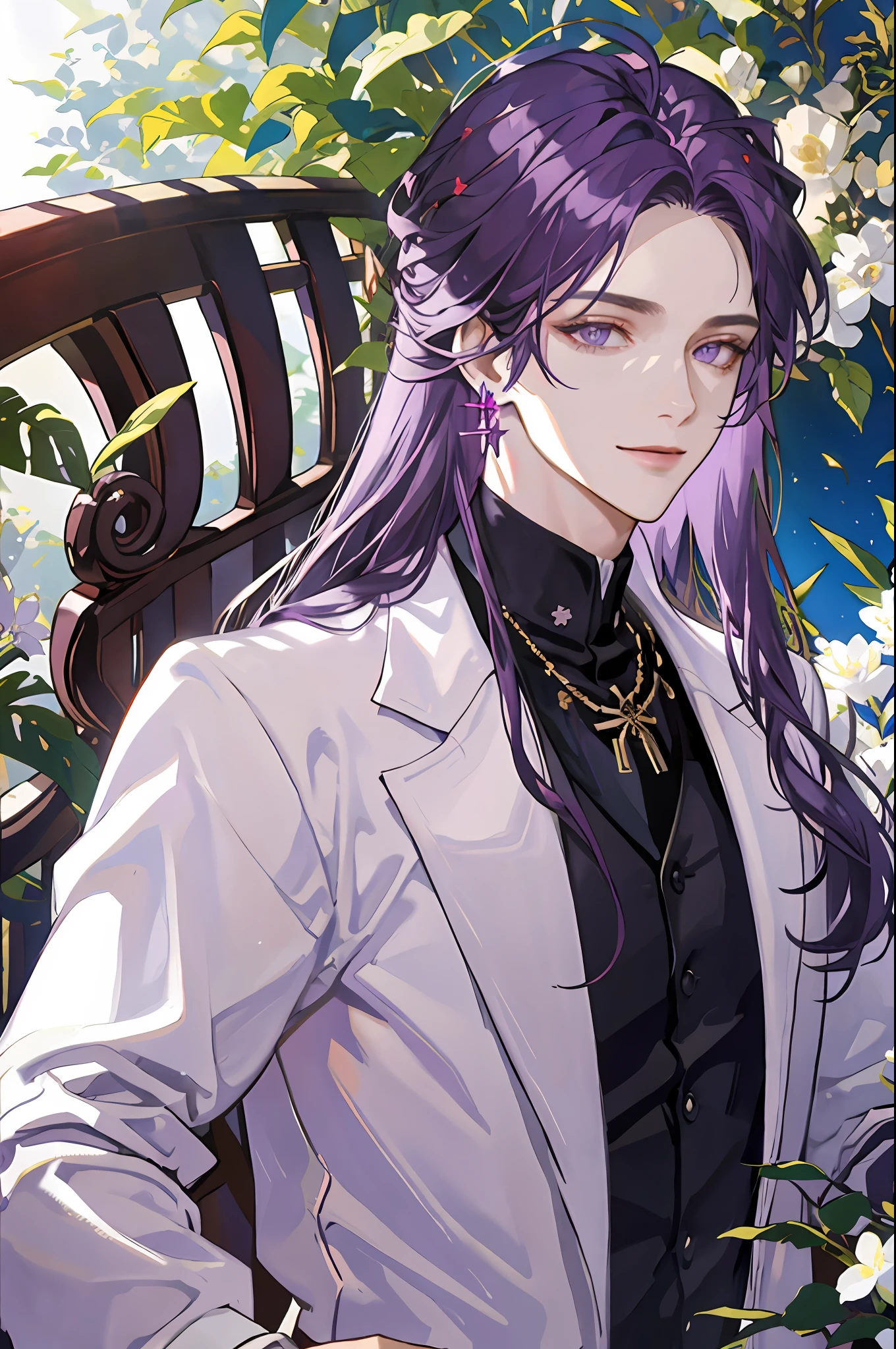 masterpiece: 1.2, best quality)), 1 man, long purple hair, purple eyes (handsome: 1.4), white suit, fantasy, uniform, royalty, forest, blooming flowers, sunlight, fantastic light and shadow, landscape , extremely detailed face, portrait, smile, red earrings, magician, archmage, mature man