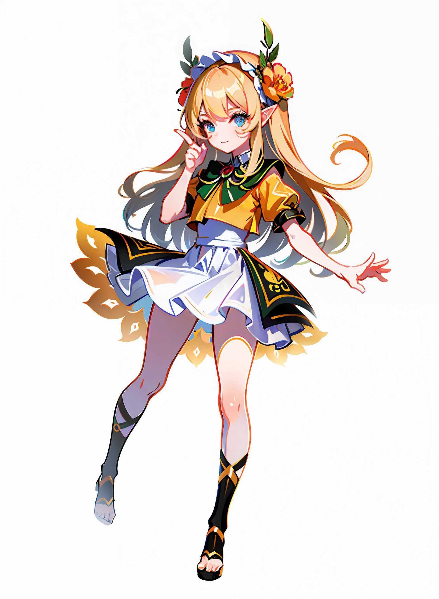 (masterpiece, top quality, best quality), pixel, pixel art, 1girl, full body, archer, elf girl, leaf decoration, flower decoration