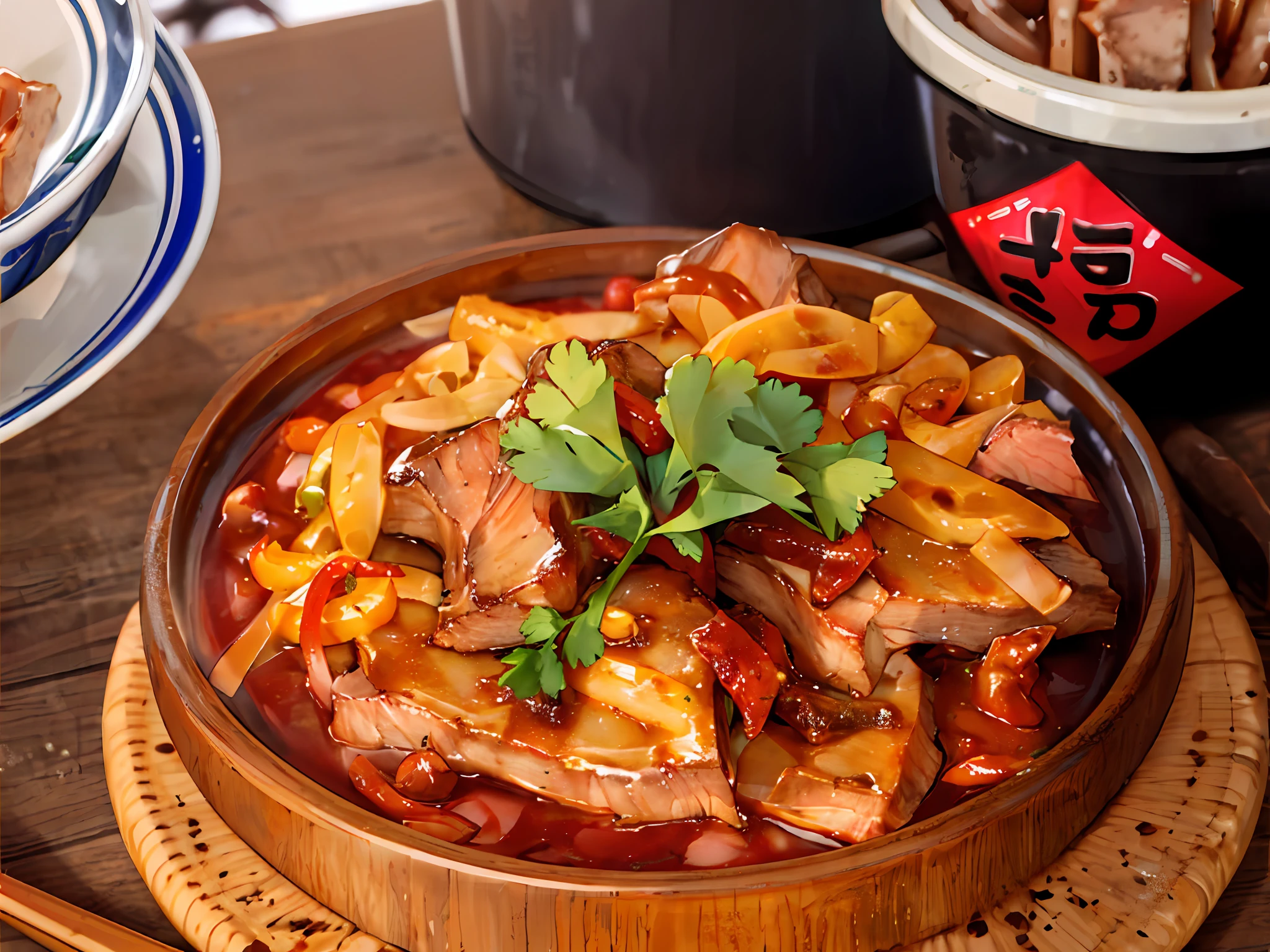 Braised pork in a mottled plate, cilantro, poached beef, chilli, delicious, very tasty, colorful --v 6