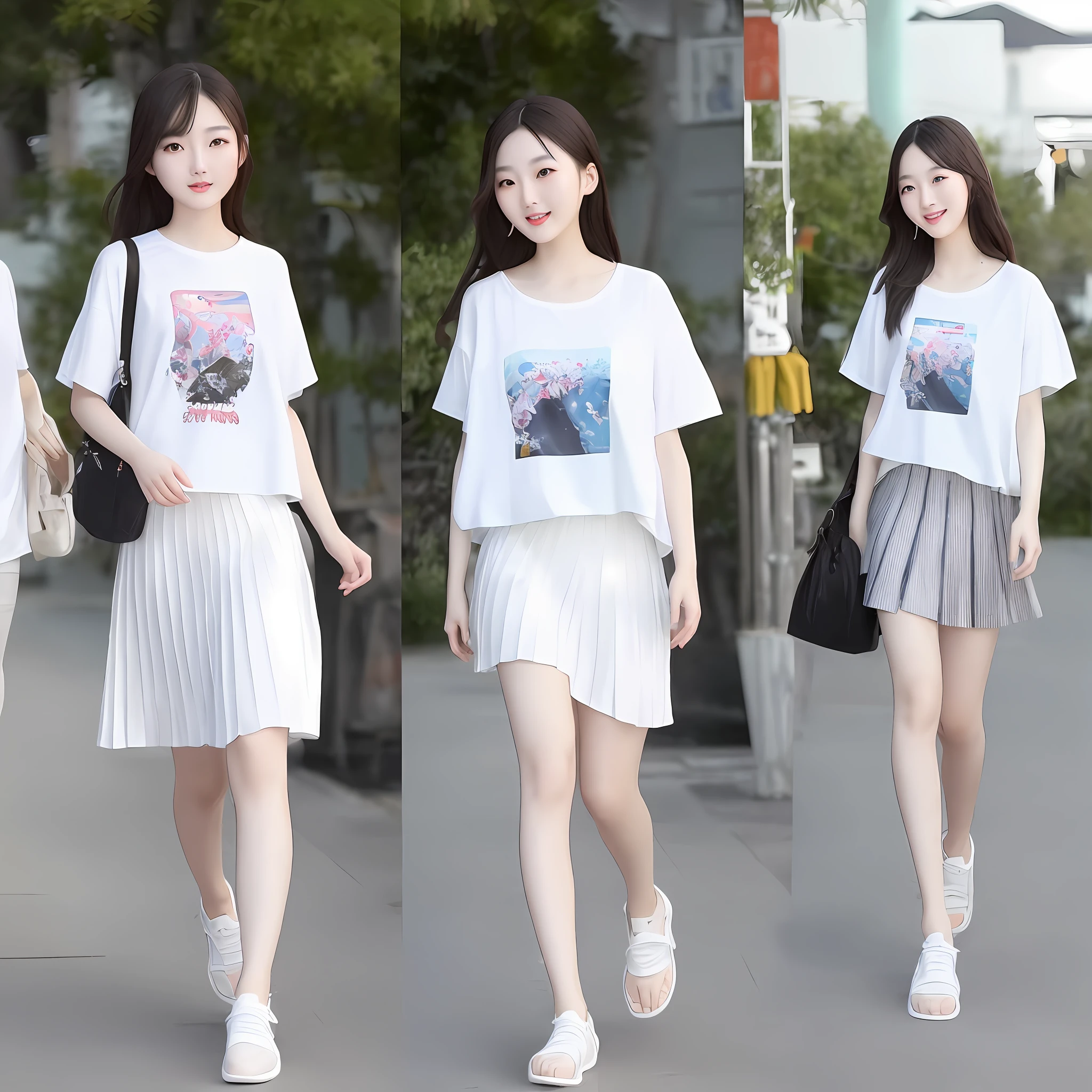 A tall, beautiful Chinese fashion female model, a full-body photo, a white printed T-shirt with a half-length pleated skirt, this outfit is casual and everyday. The small round neck printed white t-shirt is loose and casual, and it is worn with the skirt. The two items of different materials are very layered. Wearing a pair of white flip-flops on your feet is very suitable for going to the beach or taking a walk at night, giving people a very lazy and playful feeling.