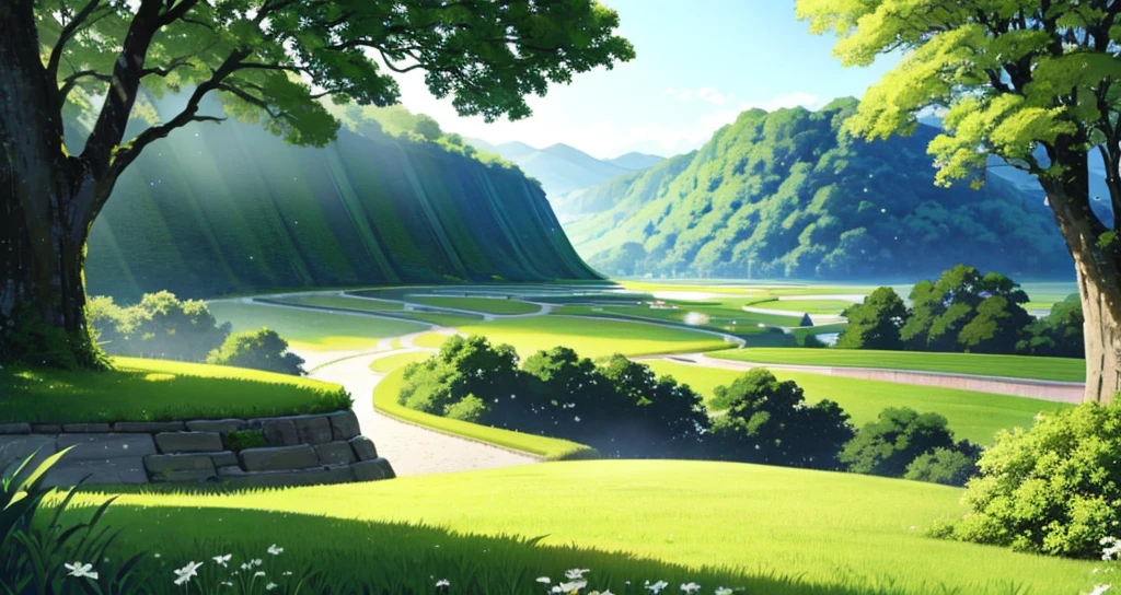 Detailed background, masterpiece, best quality, landscape, a verdant valley with a dense forest at the bottom, white buildings with green roofs, white ivory towers, green spires, golden ornaments adorning the On the walls and roofs, this is a kingdom of elves, and the sun shines on it.