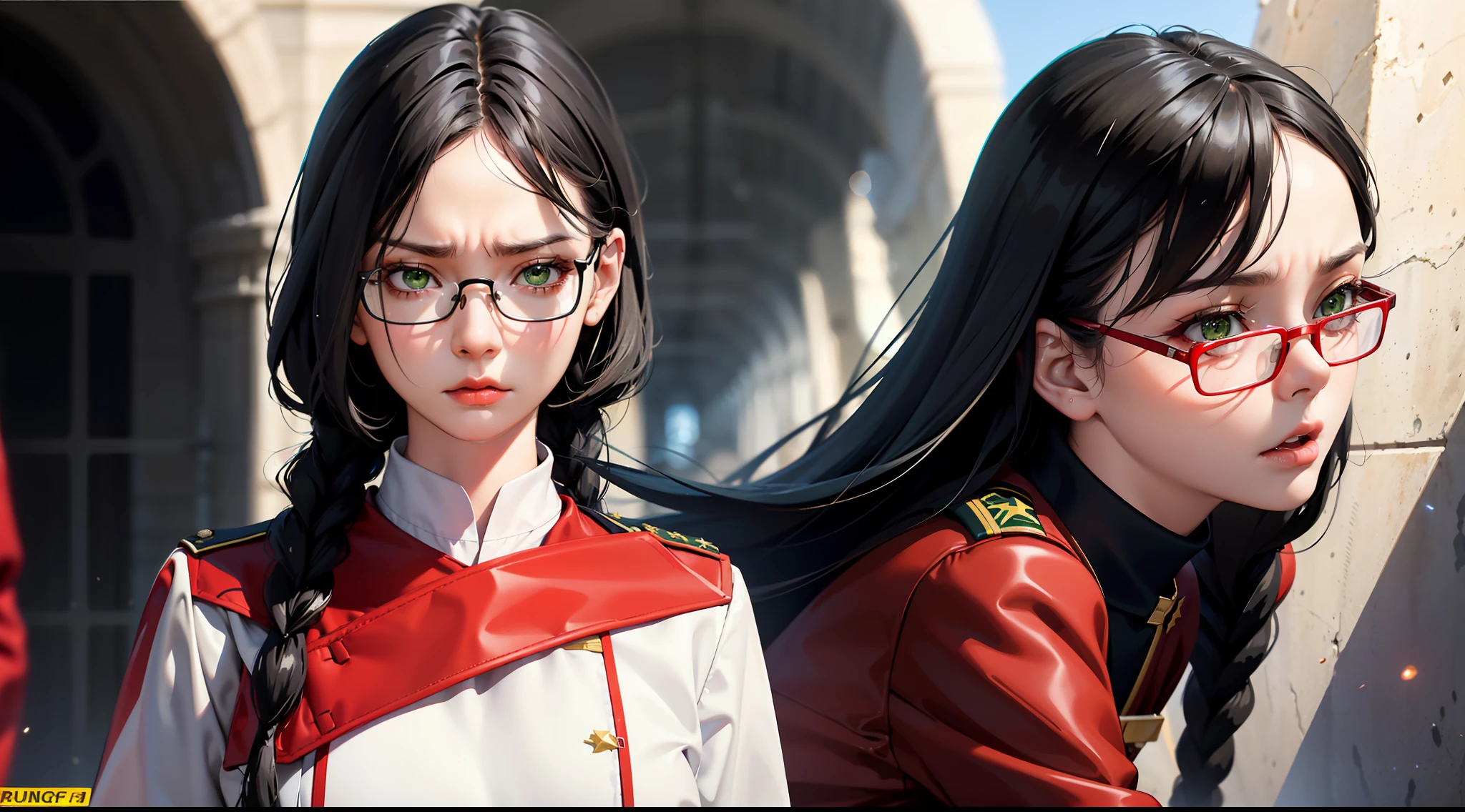 Highest resolution, semi-realistic, realistic detail, woman, petite, black hair, short double braids, bangs, green eyes, red glasses, wears official clothes, uniform, outer dress, colored coat. white,red undershirt,serious expression,angry,air force,war,government,war,science fiction,space
