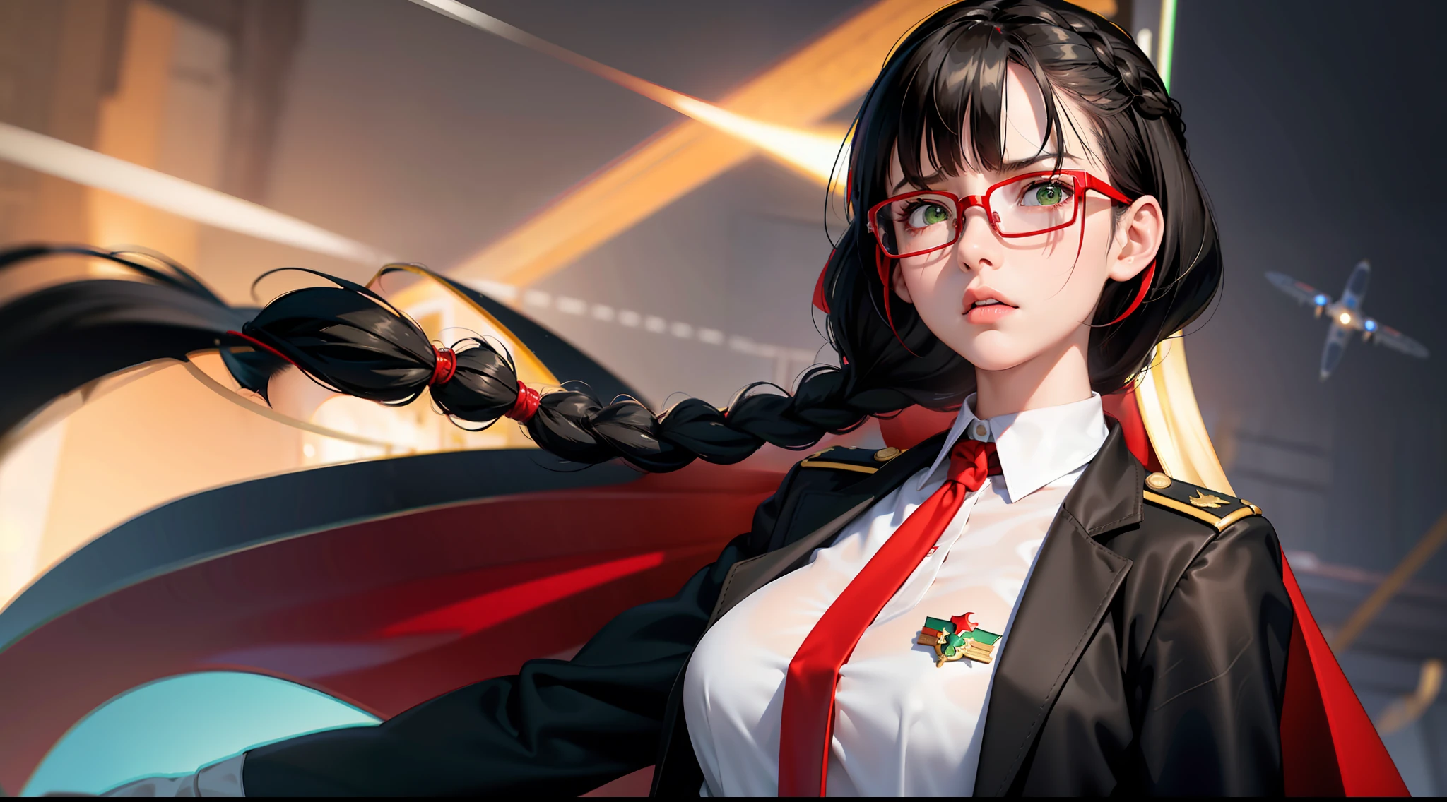 Highest resolution, semi-realistic, realistic detail, woman, petite, black hair, short double braids, bangs, green eyes, red glasses, wears official clothes, uniform, outer dress, colored coat. white,red undershirt,serious expression,angry,air force,war,government,war,science fiction,space
