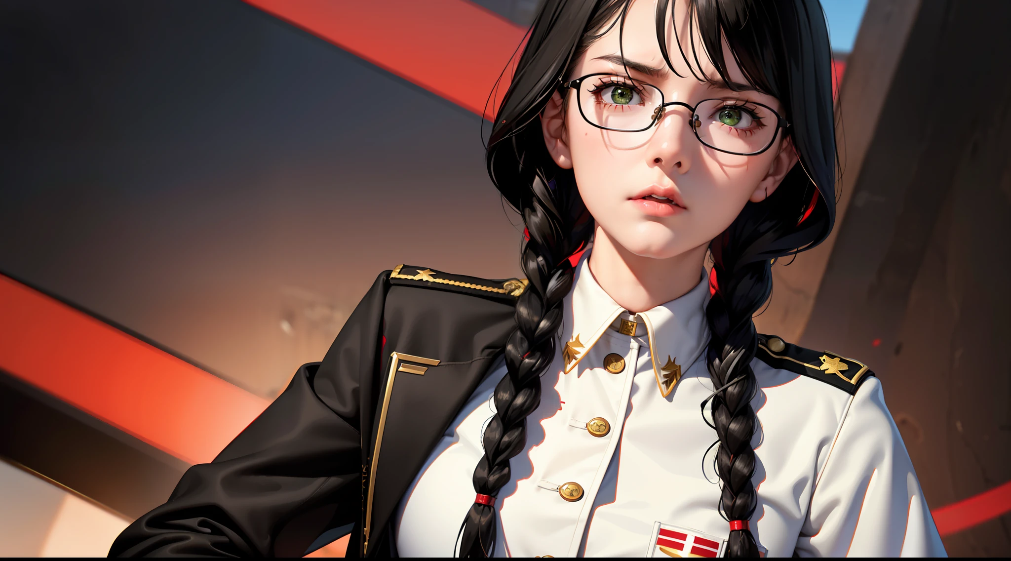 Highest resolution, semi-realistic, realistic detail, woman, petite, black hair, short double braids, bangs, green eyes, red glasses, wears official clothes, uniform, outer dress, colored coat. white,red undershirt,serious expression,angry,air force,war,government,war,science fiction,space