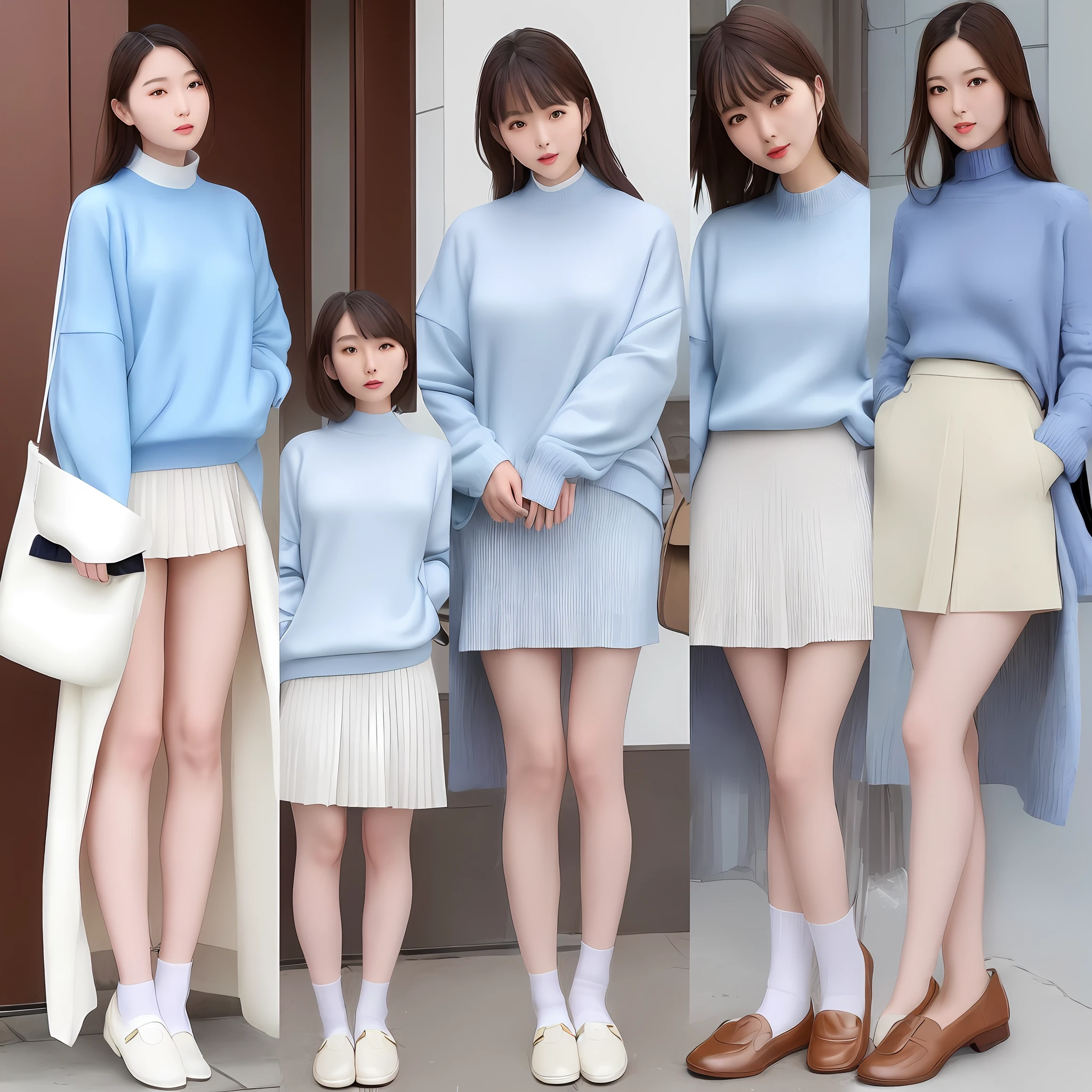 A tall, beautiful and attractive fashion female model, with a full-body photo, a light blue sweater and a pleated skirt from Uniqlo. This outfit is Japanese and gentle. Pure white T-shirts and skirts are layered, refreshing and bright. Using a light blue knitted sweater made of fine material as a coat adds elegance and layering. A pair of brown loafers on the feet are gentle and Japanese, giving people a very soft girl feeling.