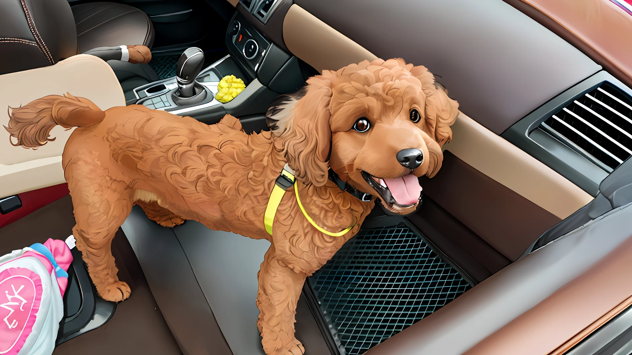 there is a brown dog standing in the front seat of a car, dog watching the car, paws on steering wheel, looks smart, highly detailed composition, a car, automotive, a hyper realistic, correct details, highly detailed photo of happy, cute dog, subtle detailing, the creature sits in a car, anthropomorphic dog cleaning, nugget