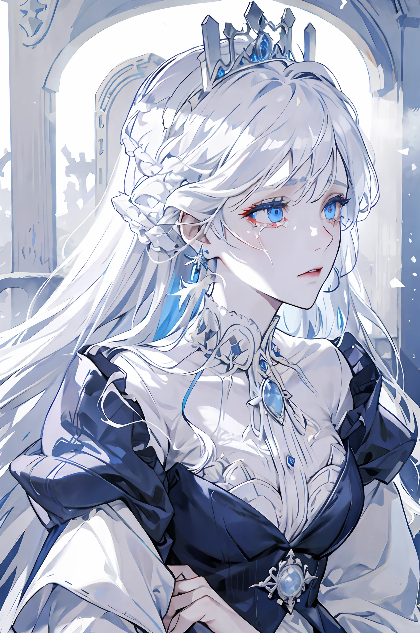 White haired woman, light blue eyes, royalty, nobility, princess, elegant, crying, grave, crying in front of a grave, tears, sobbing, beautiful woman, high quality, highly detailed, detailed face