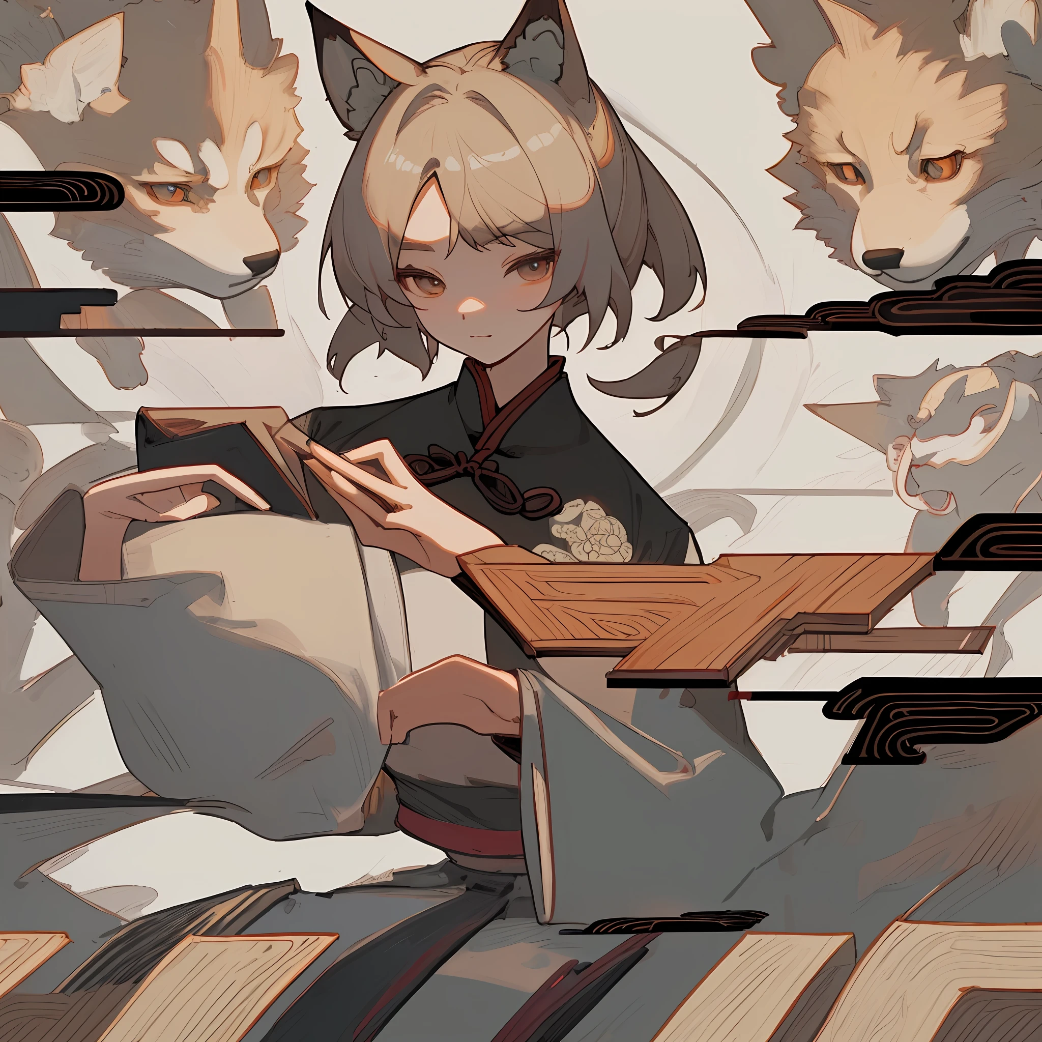 flat illustration by Chinese style,Slender body,beautiful face,fox ears,fox tail,fox demon,Japanese otome game style,movie sense,Gentle and elegant nobleman,Ming Dynasty Hanfu,freehand,blank,big eyes,double eyelids,China Ancient beautiful lady,good-looking hands,super high-definition,exquistie details,sitting on a Chinese wooden seat,Rembrandt lighting wind,Chinese ancient artist Qiu Ying style,blank-leaving,ink style,freehand brushwork,Wuxia,white mparting a sense of calm and tranquility to the viewer,white background,close-up, 8K,best quality,super detailed --ar 3:4 --q 2 --niji 5