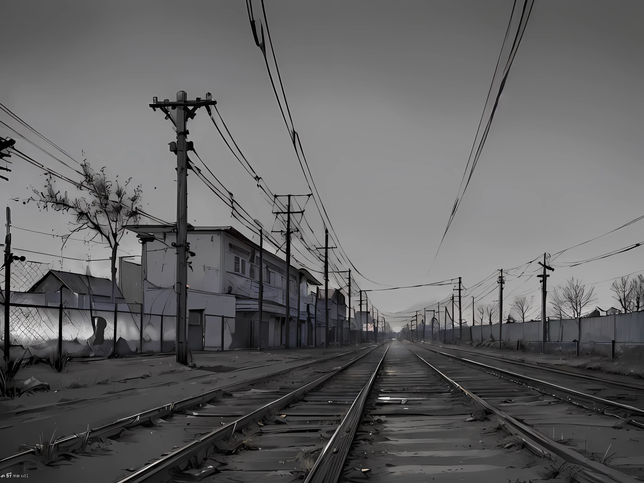 (8k, RAW photos, best quality, proficiency: 1.2), (fidelity, reuthentic: 1.37), old train station scenery, (Dusk), ((telephone poles)), ((cool colors)), (desolation), (gray and bleak atmosphere, lonely),absurdity, realistic lighting, (abyss), masterpiece, high quality, beautiful graphics, high detail,--v6