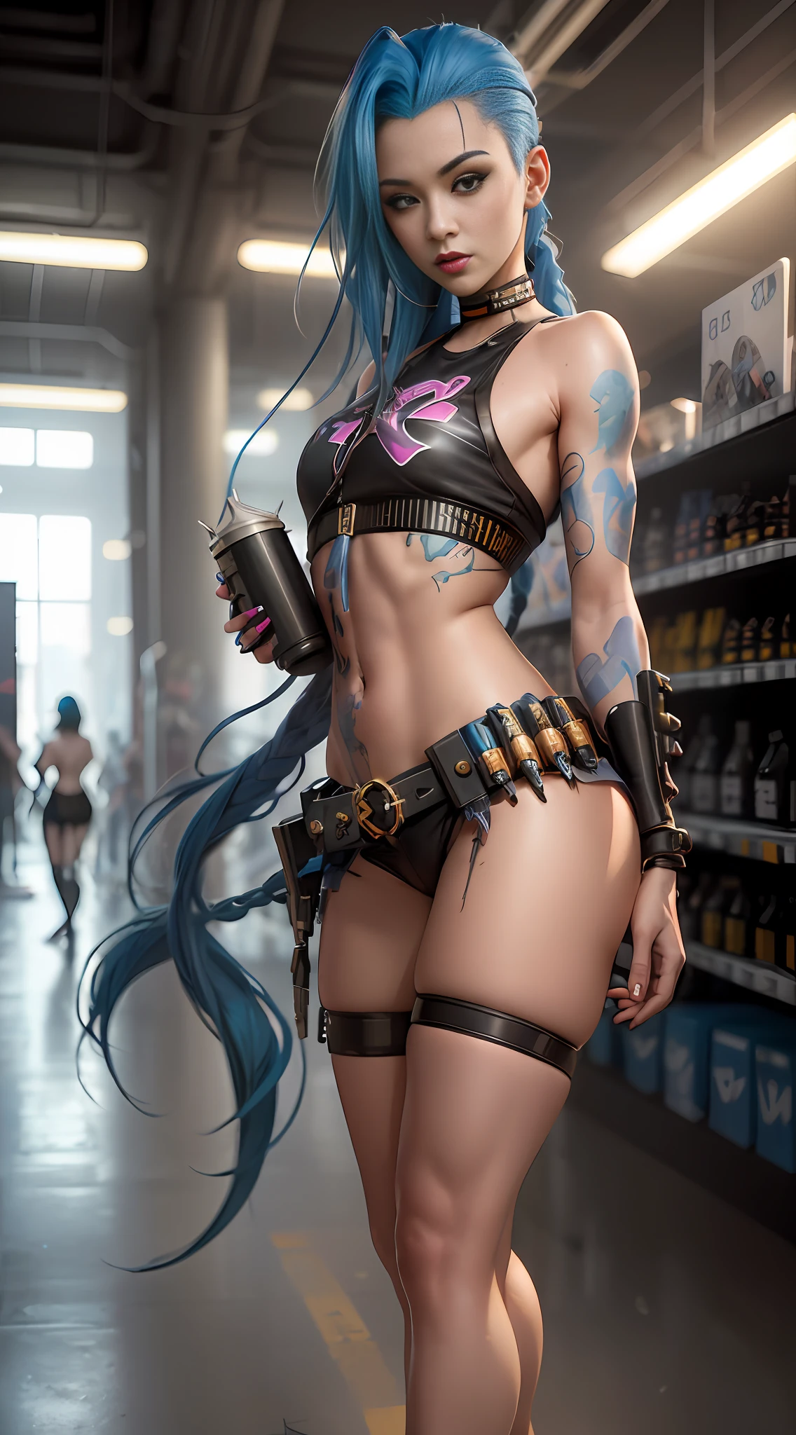there is a woman with blue hair and a blue wig posing, female cyberpunk anime girl, cyberpunk 2 0 y. o model girl, jinx from league of legends, inspired by rossdraws, cyberpunk anime girl, deviantart artstation cgscosiety, wlop rossdraws, cyberpunk 2077 rossdraws, wlop and rossdraws, in cyberpunk style