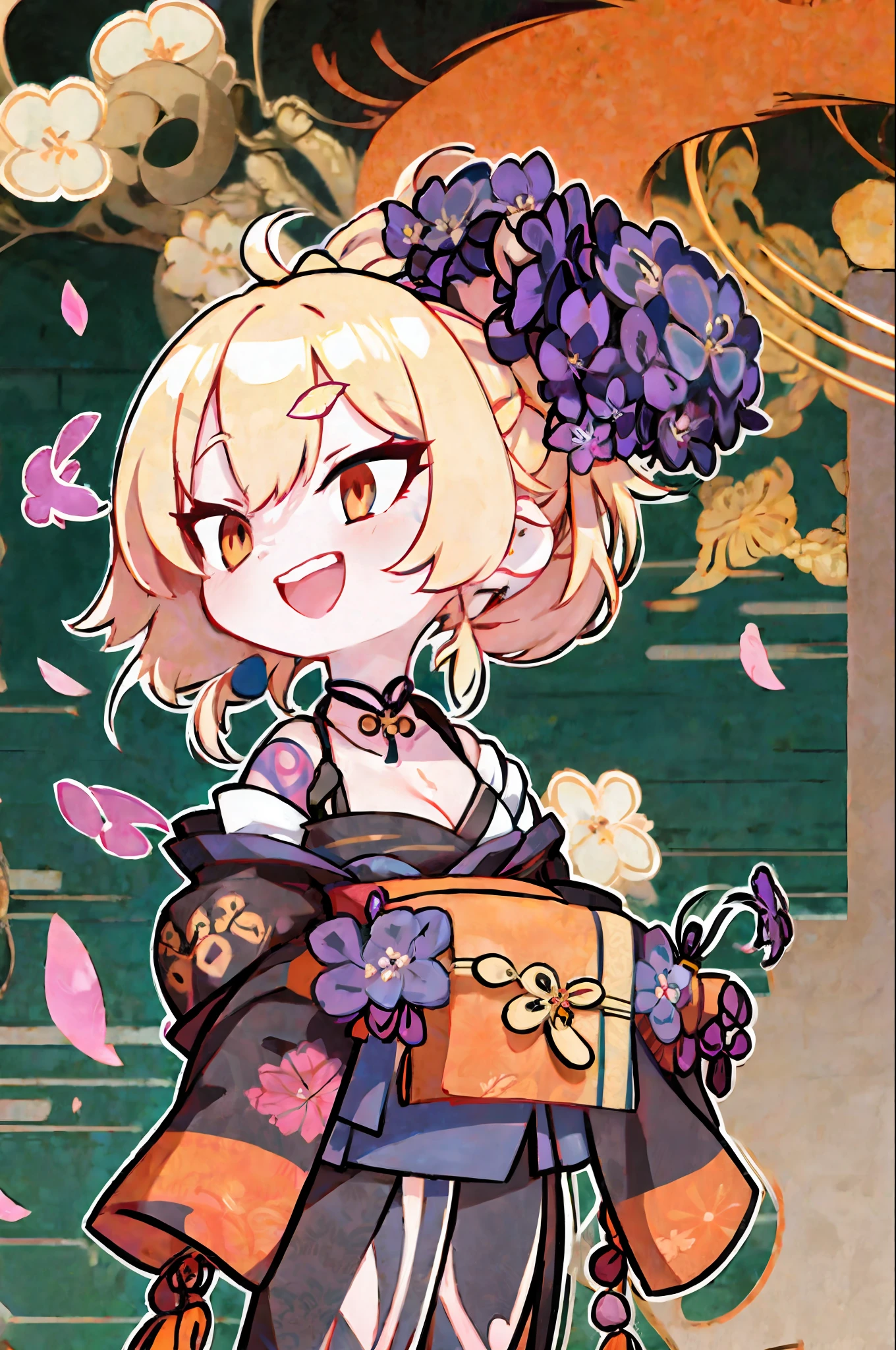 masterpiece, extreme, highres, 1girl, blond hair, medium hair, asymmetrical hair, floating hair, hair between the eyes, high ponytail, side hair, hair accessories, fish hair accessories, fringe, kanzashi, bangs, orange eyes , open mouth, smile, teeth, upper teeth only, collar, red collar, pendant collar, butterfly collar, collarbone, tattoo, chest tattoo, flower tattoo, cleavage, medium breast, thigh, bandage, bandage leg, sarashi, budget sarashi , chest sarashi, black obi, hadanugi dousa, houkisei, Japanese clothing, kimono, kinchaku, obi, obiage, obijime, orange kimono, pouch, printed kimono, rope, obi, shimenawa, short kimono, single bare shoulder, vision (genshin impact), East Asian architecture, cherry blossoms, full body, arms behind the head,