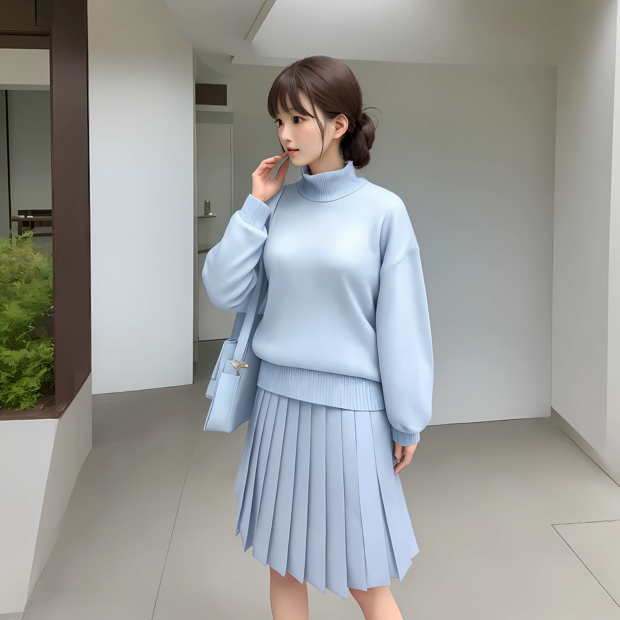 A tall, good-looking, beautiful fashion female model, a full-body photo, a light blue sweater and a pleated skirt from Uniqlo, this outfit is Japanese and gentle. Pure white T-shirts and skirts are layered, refreshing and bright. Using a light blue knitted sweater made of fine material as a coat adds elegance and layering. A pair of brown loafers on the feet are gentle and Japanese, giving people a very soft girl feeling.