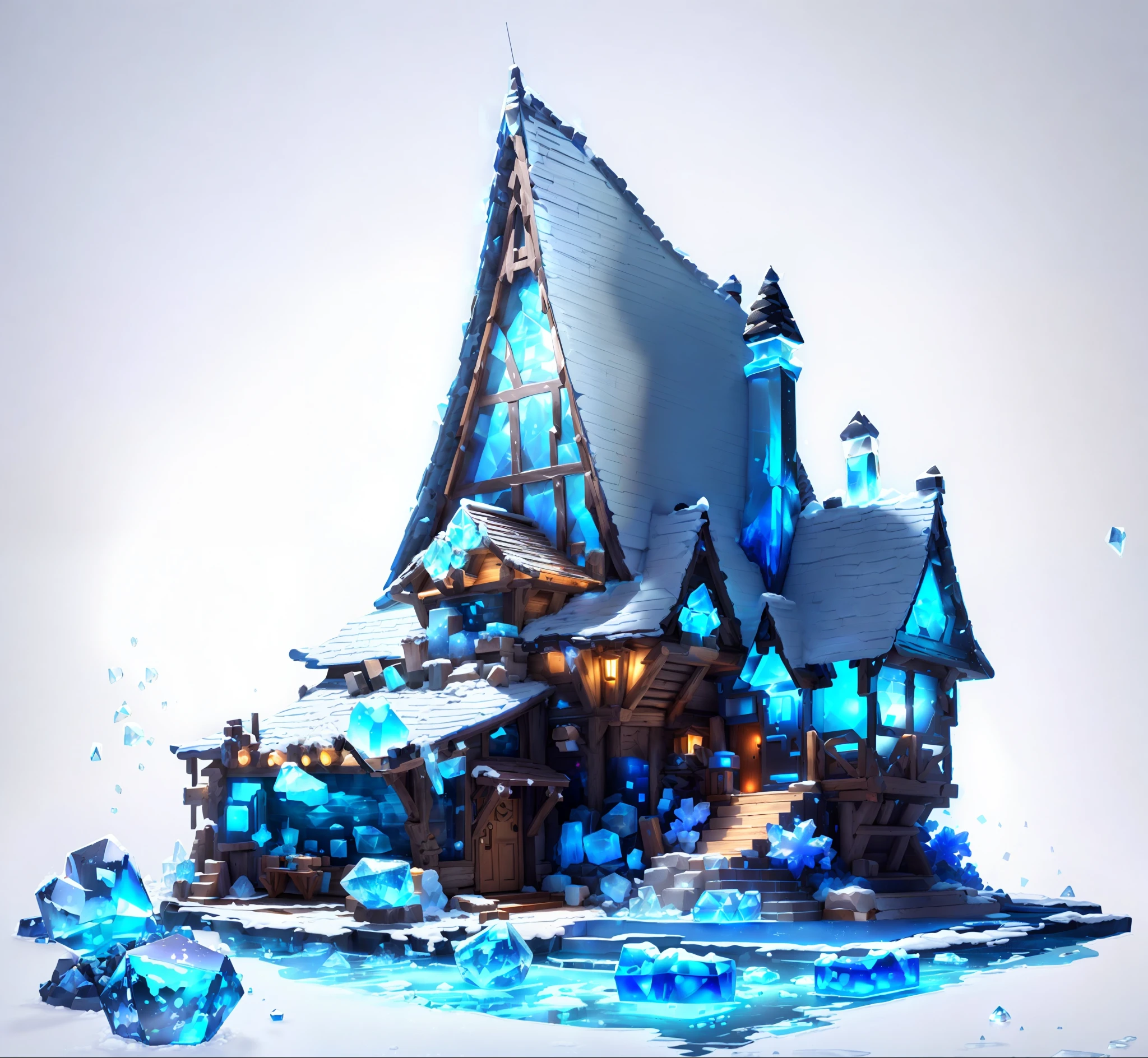 Blue roof, ice cubes, crystal, crystal cartoon hut. Isometric, 3D rendering, very high definition, high detail, 8k, cinematic lighting, super high resolution, game asset masterpiece, best quality, toon, pixar style, simple design, mini sense, animal crossing, 1building, 3d, clean, Eggplant and Coral, --v 6