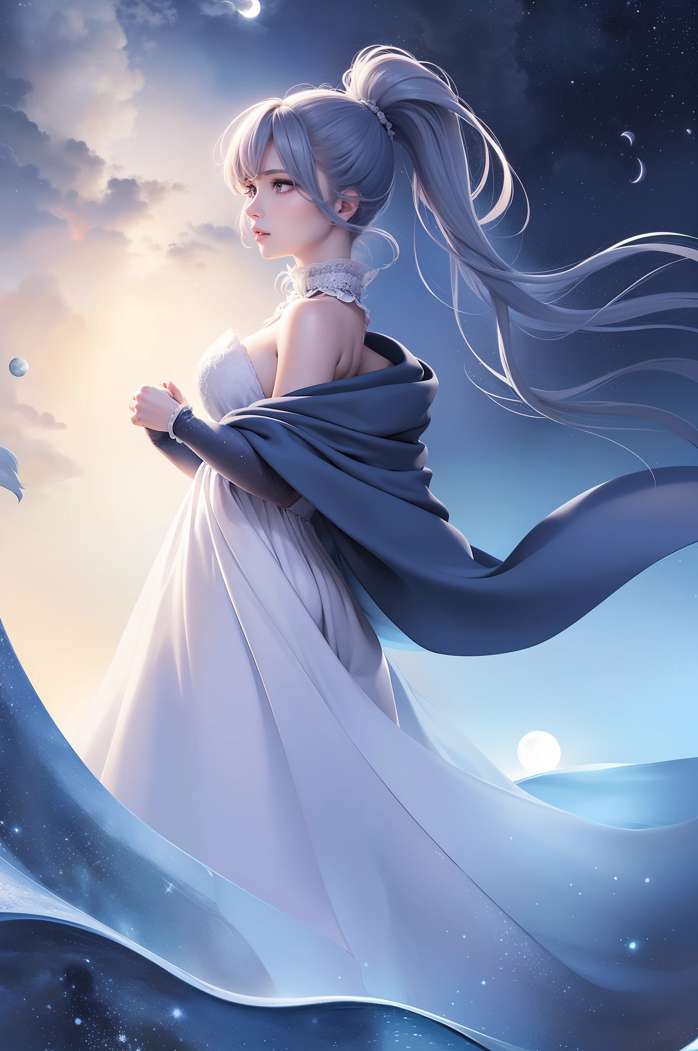 Masterpiece, (Best Quality: 1.2), (Super Fine: 1.2), Illustration, (Extremely Delicate and Beautiful: 1.2), Film Angle, Floating, (Beautiful Detail Eye: 1.1), (Detail Light: 1.1), Film Lights, Delicate Sky, Woman, Random Hair, Blue Eyes, (High Ponytail: 1.1), Cloak, Glowing Eyes, (Moon: 1.2), (Moonlight: 1.1), Starry Sky (1.1), Milky Way (Light Particles: 1.1), fog, snow painting, sketching, blooming