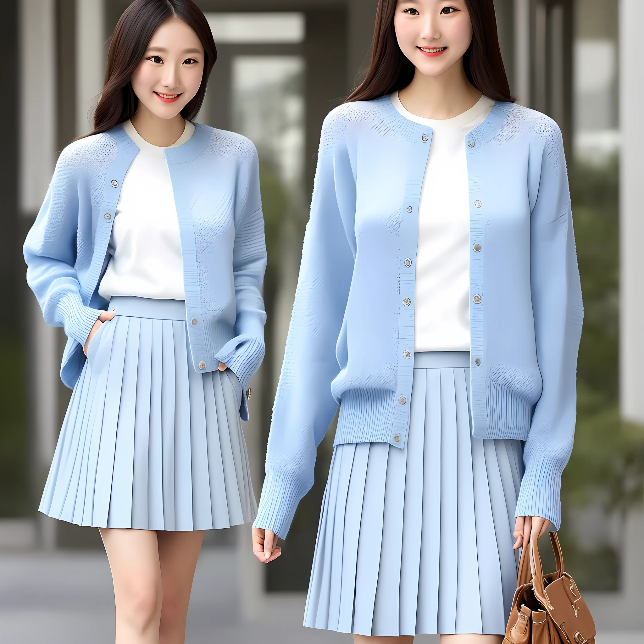 A tall, good-looking, beautiful fashion female model, a full-body photo, a light blue sweater and a pleated skirt from Uniqlo, this outfit is Japanese and gentle. Pure white T-shirts and skirts are layered, refreshing and bright. Using a light blue knitted sweater made of fine material as a coat adds elegance and layering. A pair of brown loafers on the feet are gentle and Japanese, giving people a very soft girl feeling.