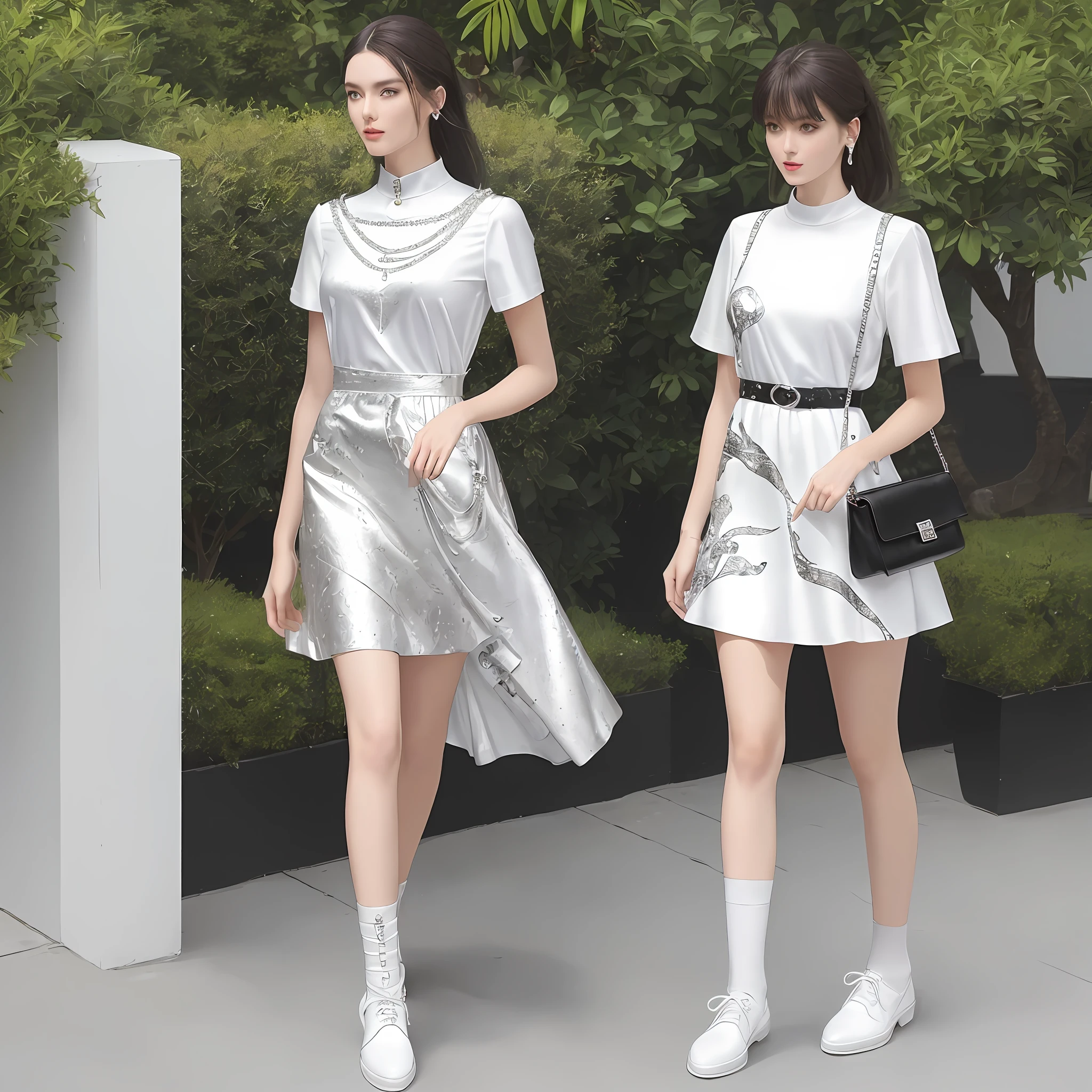 A tall, good-looking, beautiful fashion female model, a full-body photo, refreshing and fashionable collocation, a white short-sleeved T with a printed knee-length skirt, and a pair of silver shoes under her feet. The overall outfit is very bright and bright. The black bag he was holding became the best embellishment of the overall shape.