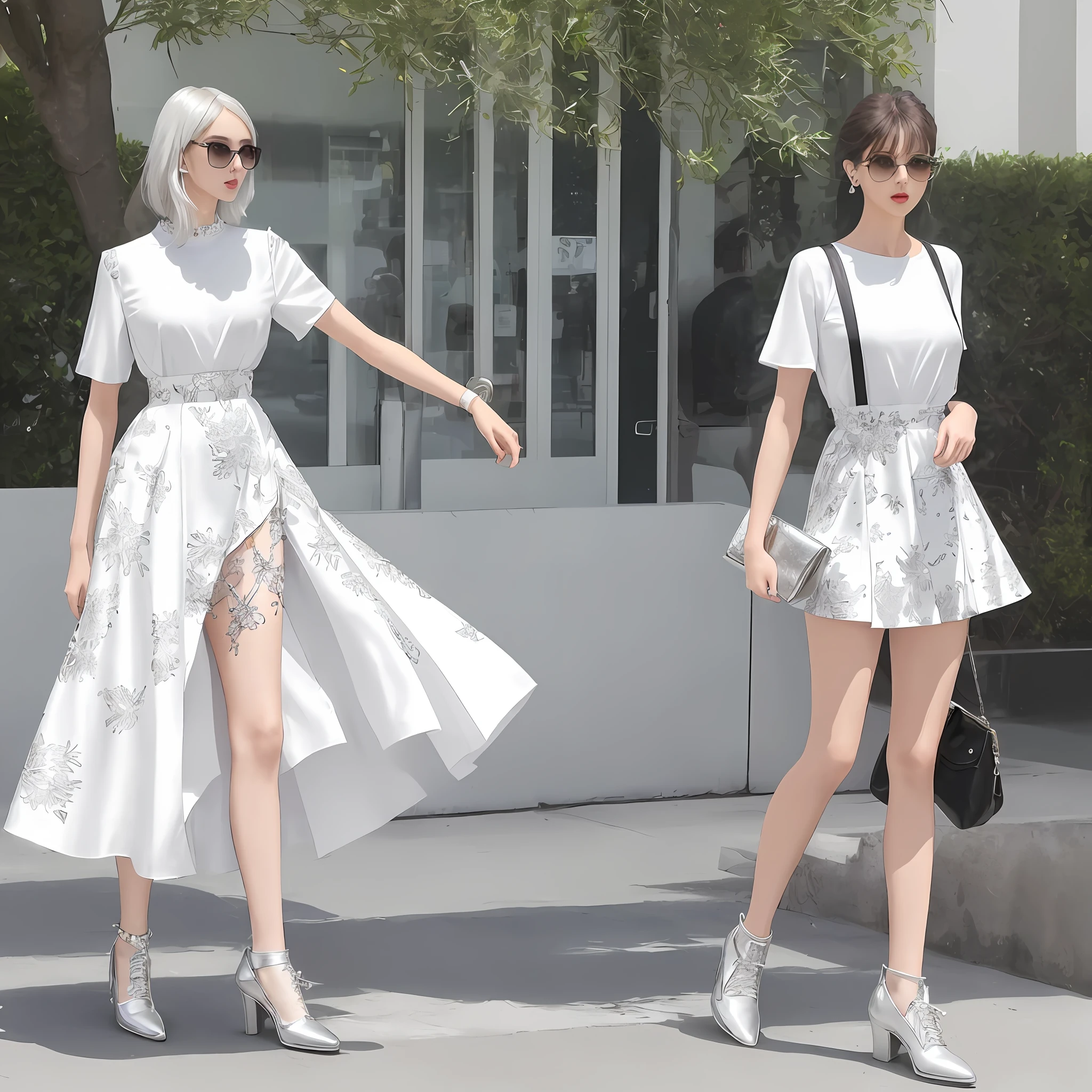 A tall, good-looking, beautiful fashion female model, a full-body photo, refreshing and fashionable collocation, a white short-sleeved T with a printed knee-length skirt, and a pair of silver shoes under her feet. The overall outfit is very bright and bright. The black bag he was holding became the best embellishment of the overall shape.