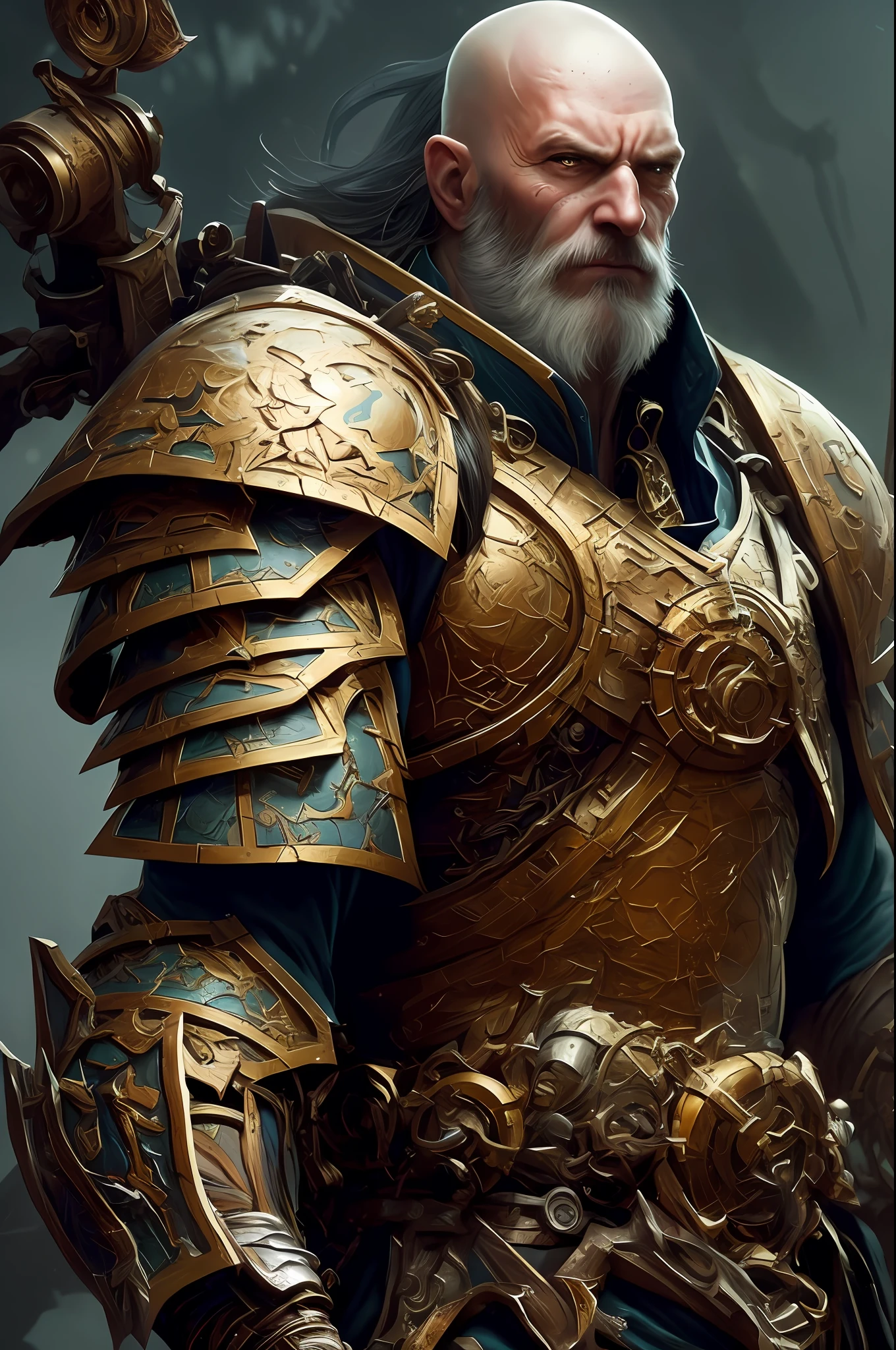 (Detailed Illustration: 1.3) of (Painting: 1.3) A (Full Body: 1.3) Shot in 8k resolution, splatter art, dreamy comic book style, realistic, intense look, anatomically realistic digital painting portrait (old male: 1.3) Human (warrior: 1.3) black and gold complex (heavy armor: 1.3) in (dark and moody universe: 1.3), light particles, very detailed skin, samurai, very detailed eyes, (elden ring style: 1.3), (warhammer style: 1.1), concept artist, global illumination, depth of field, splash art, artgerm and art by greg rutkowski and viktoria gavrilenko
