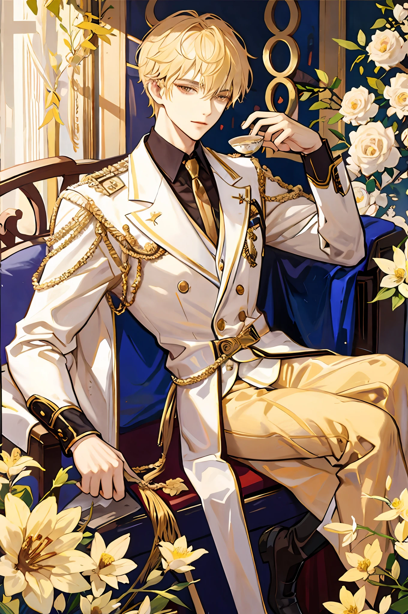 Blonde Man, Honey Eyes, Handsome, Royalty, Nobility, Nobleman, Drinking Tea, High Quality, Highly Detailed, Brown Eyes, Lights, Flowers, Delicate, White Suit, Sitting