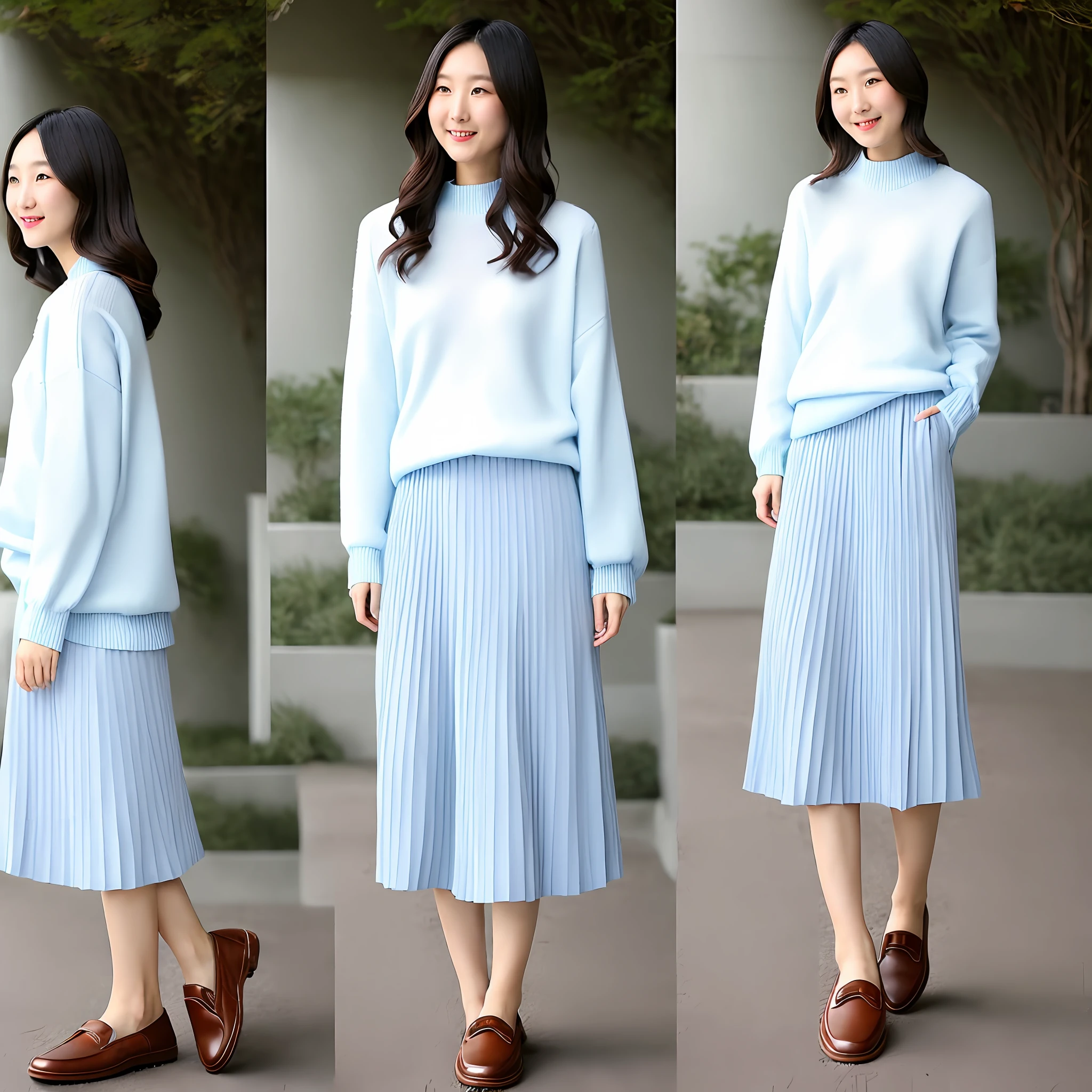 A tall, good-looking, beautiful fashion female model, a full-body photo, a light blue sweater and a pleated skirt from Uniqlo, this outfit is Japanese and gentle. Pure white T-shirts and skirts are layered, refreshing and bright. Using a light blue knitted sweater made of fine material as a coat adds elegance and layering. A pair of brown loafers on the feet are gentle and Japanese, giving people a very soft girl feeling.