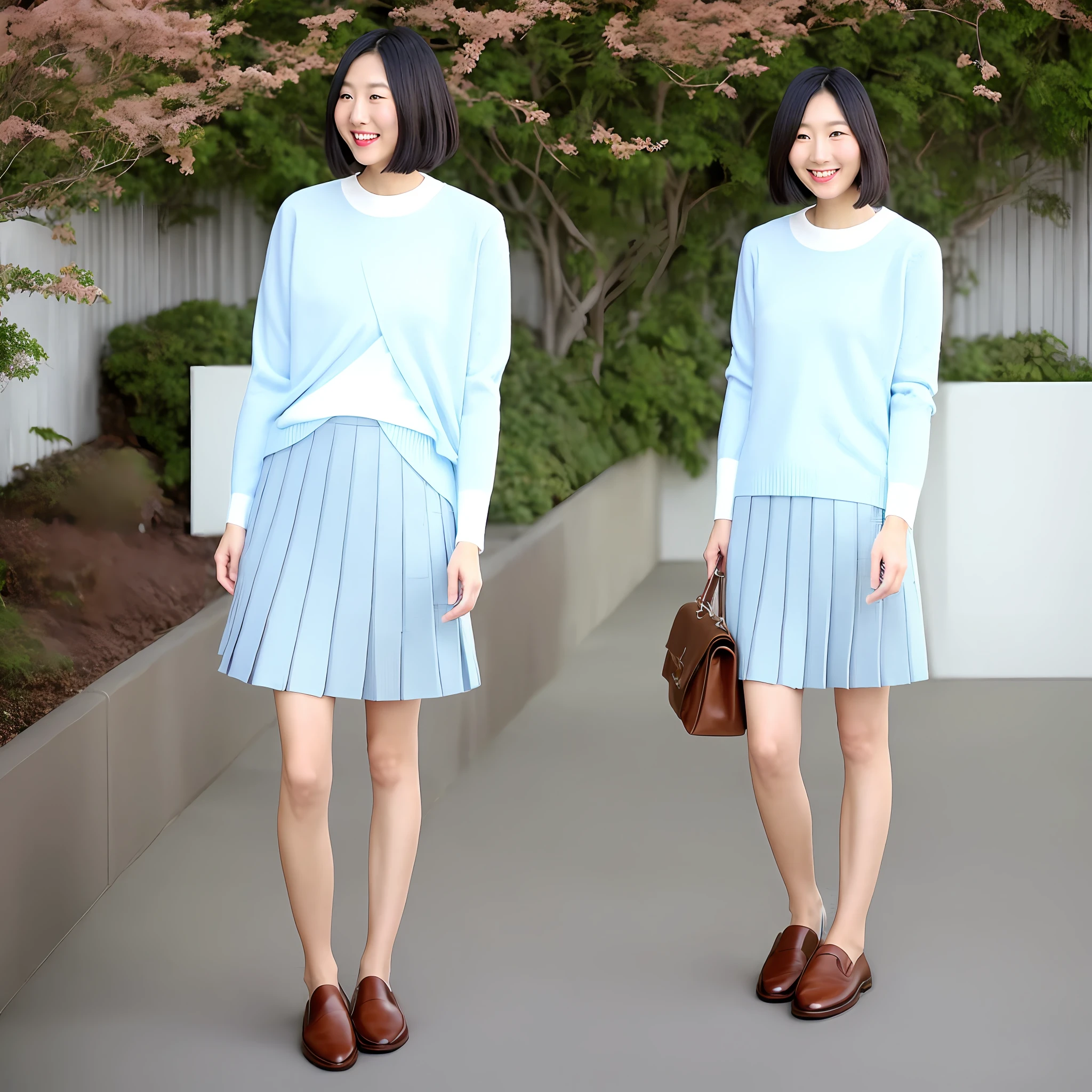 A tall, good-looking, beautiful fashion female model, a full-body photo, a light blue sweater and a pleated skirt from Uniqlo, this outfit is Japanese and gentle. Pure white T-shirts and skirts are layered, refreshing and bright. Using a light blue knitted sweater made of fine material as a coat adds elegance and layering. A pair of brown loafers on the feet are gentle and Japanese, giving people a very soft girl feeling.