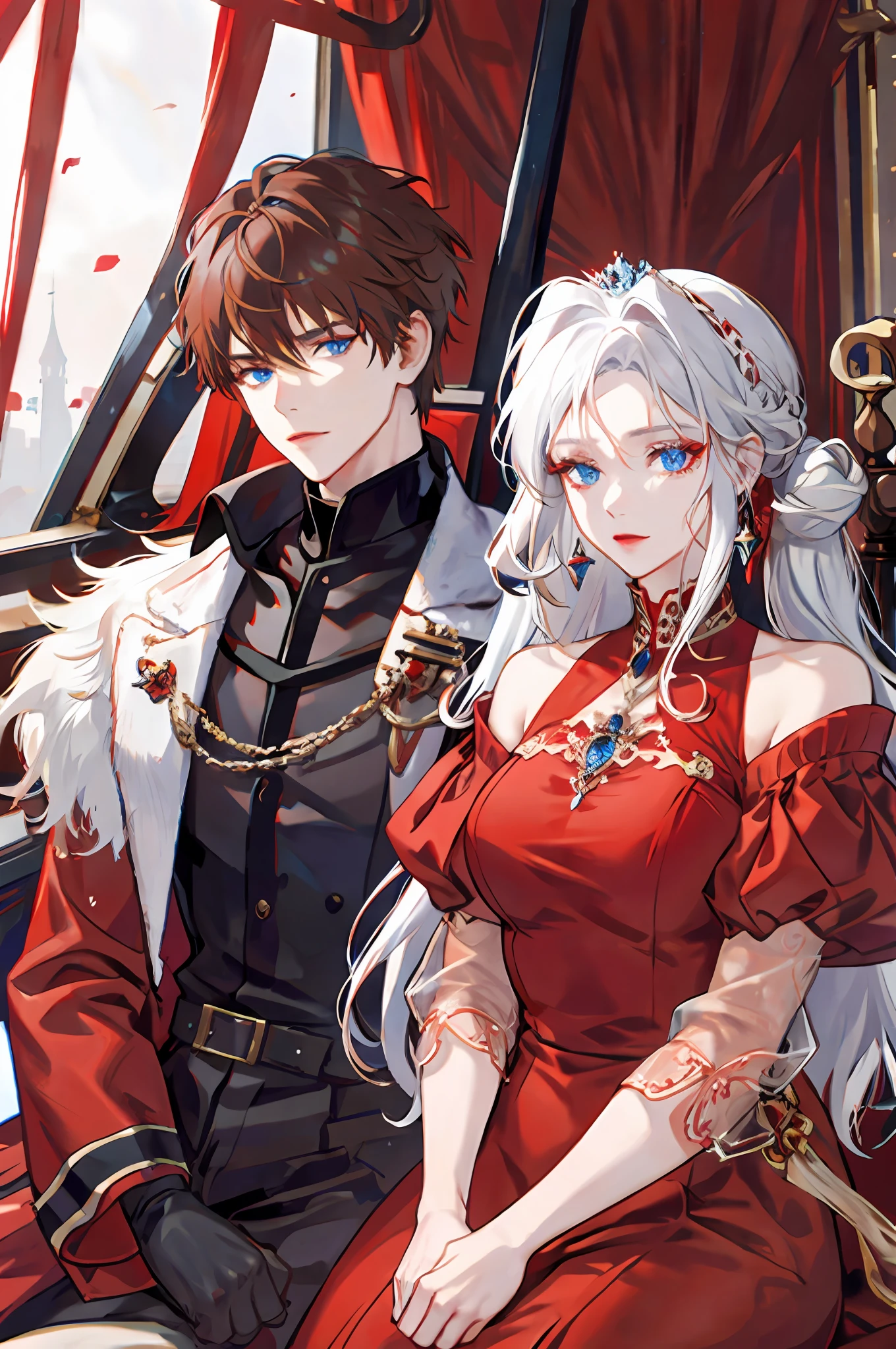 White haired man, brown haired woman, blue eyes, royalty, woman in red dress, couple, high quality, highly detailed